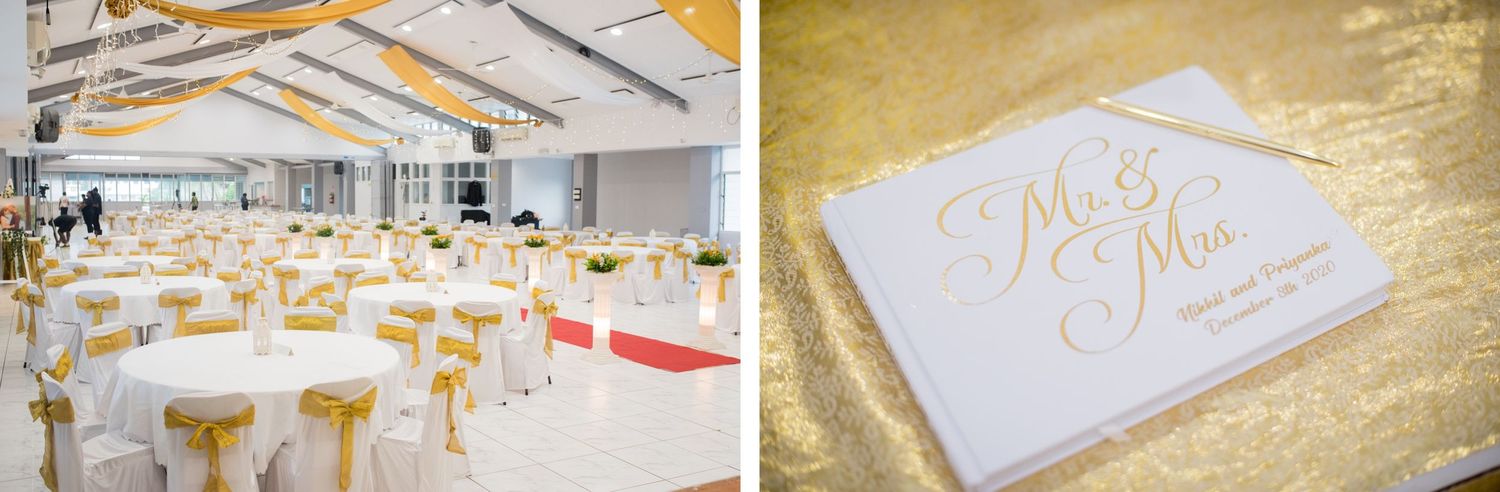 Wedding reception venue with golden decor and elegant invitation suite.