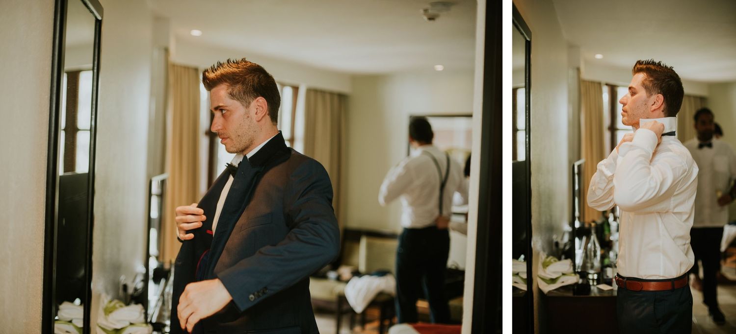 Elegant formal preparation scene reflected in hotel room mirrors.