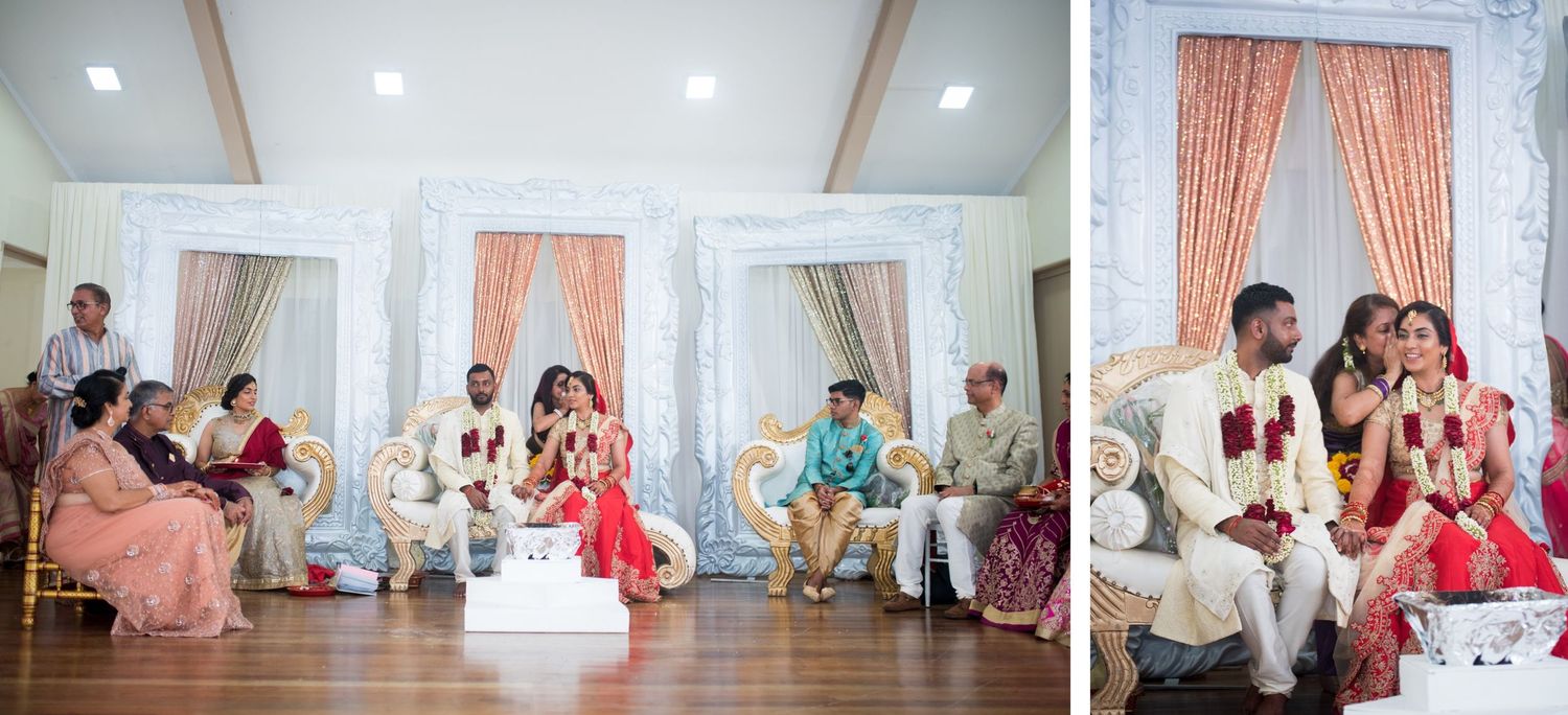 Multiple views of an Indian wedding ceremony with guests seated in a decorated venue.