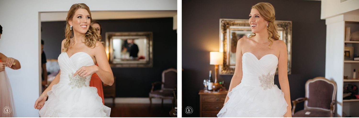 Wedding dress fitting photos showing elegant white gown with sweetheart neckline.