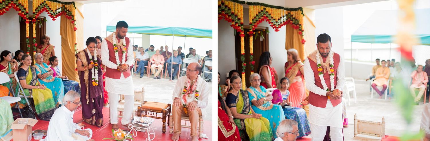 Festive ceremony with guests seated in colorful attire during a traditional Hindu wedding celebration.