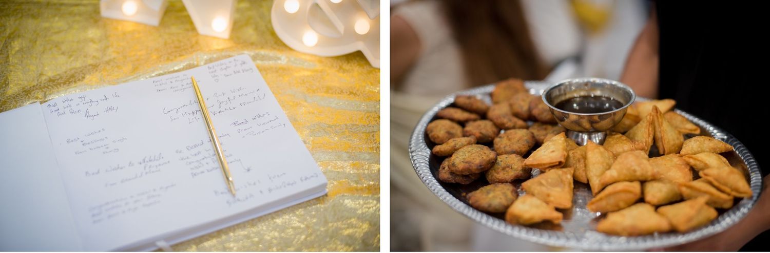 Wedding menu card and plate of crispy appetizers with dipping sauce.