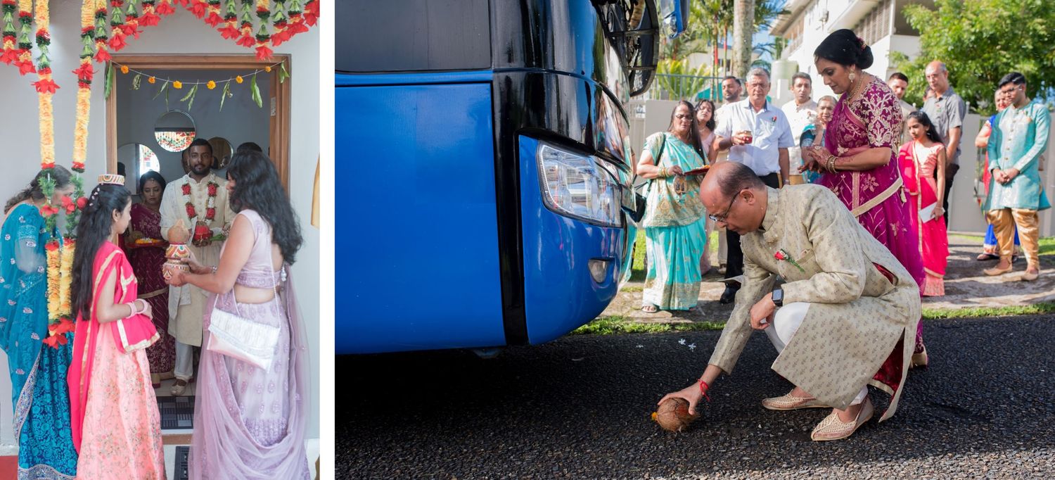 Colorful wedding scenes showing guests in traditional attire near a blue bus.