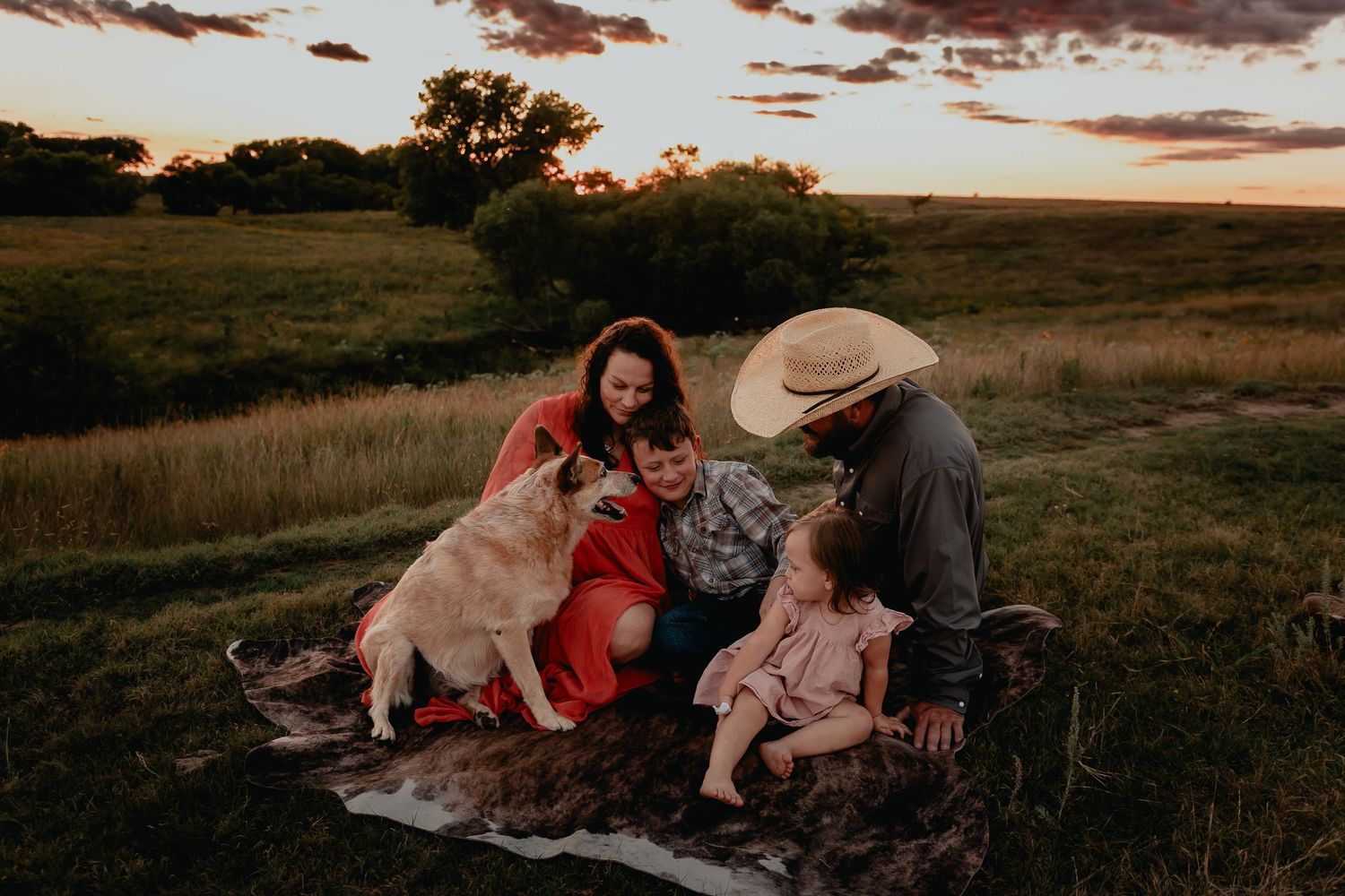 Family with two children and golden dog sitting on blanket in field at sunset.
