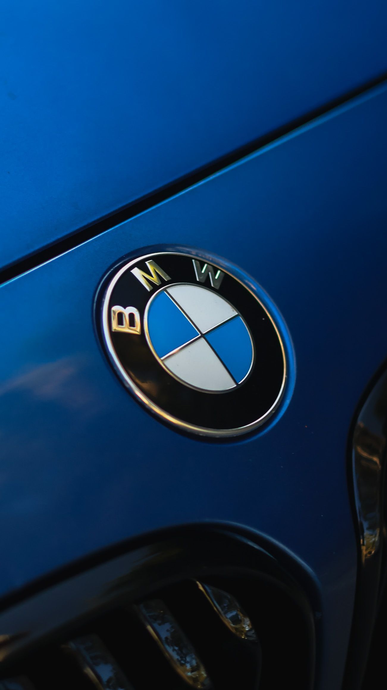 Close-up of a shiny BMW logo emblem on a blue car hood, showcasing the iconic blue and white roundel badge.