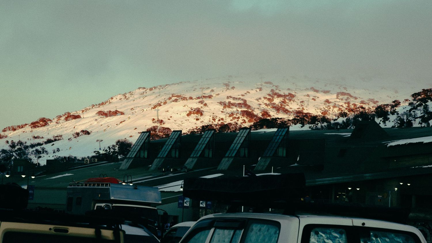 Snow-capped mountain peak at dusk with a row of dark safari vehicles parked in the foreground.