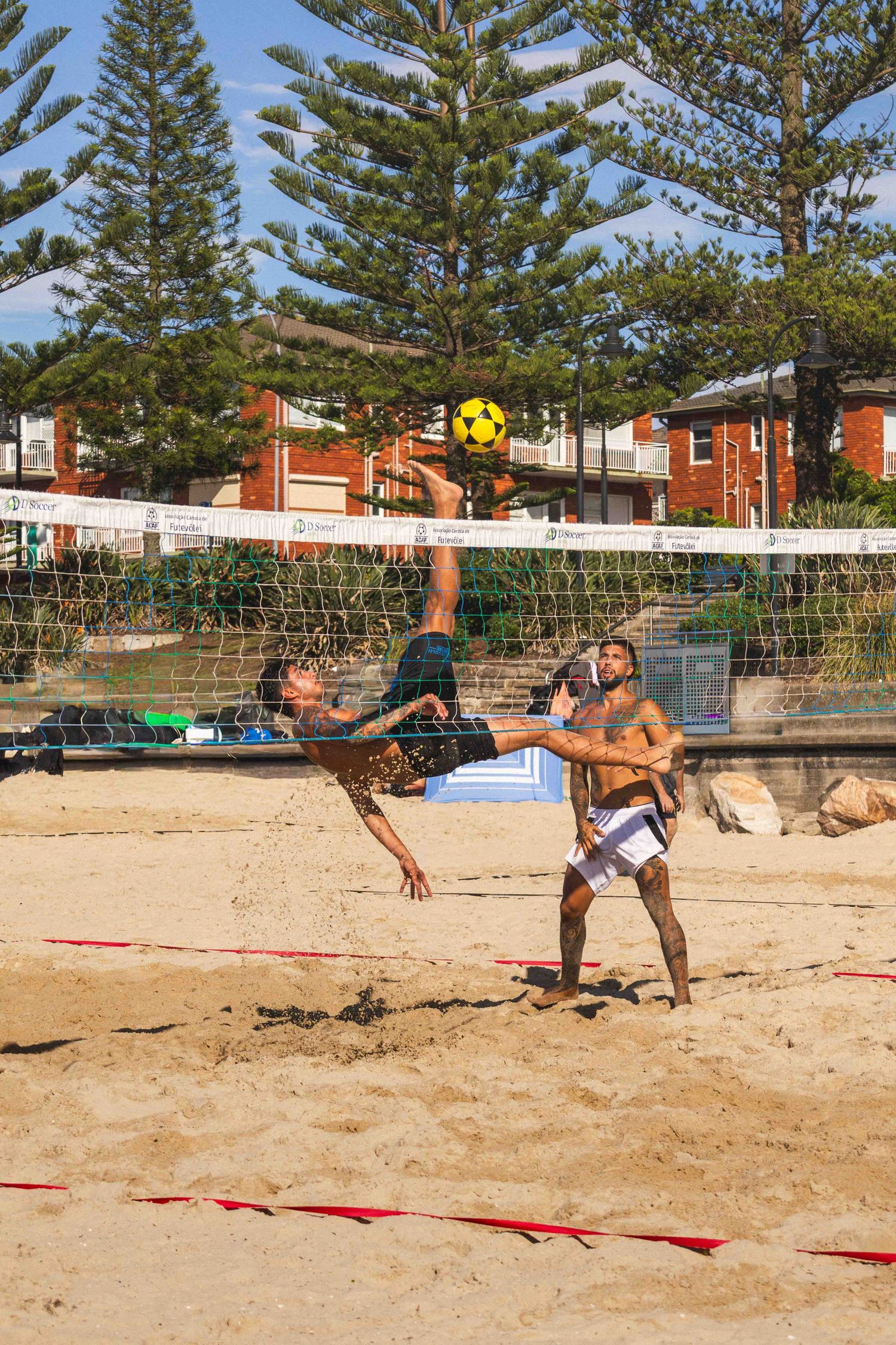 Beach volleyball players dive and jump to save the ball during an intense match on a sandy court near pine trees.