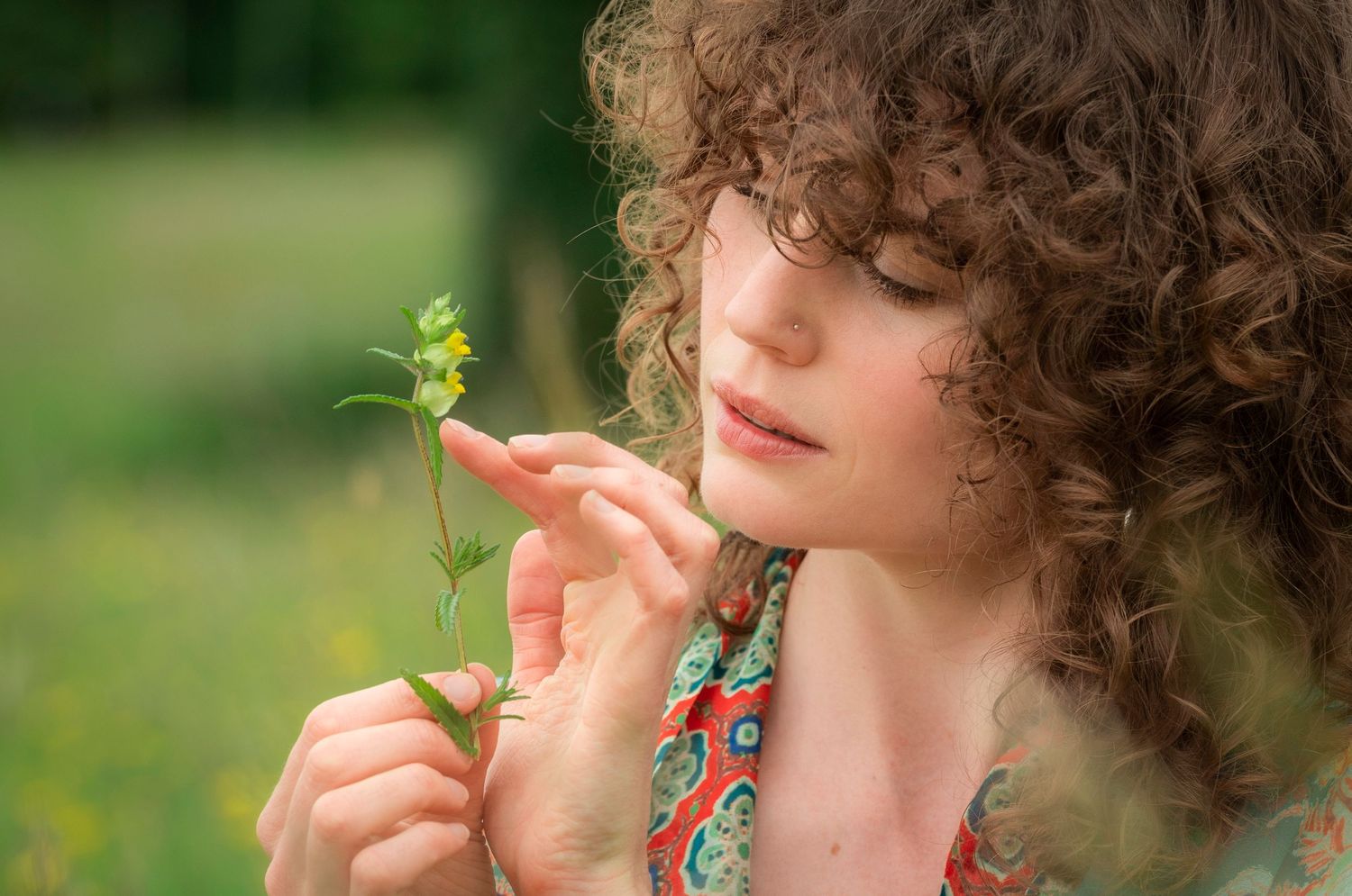 Young woman with curly hair gently holding a small yellow wildflower in a green meadow.