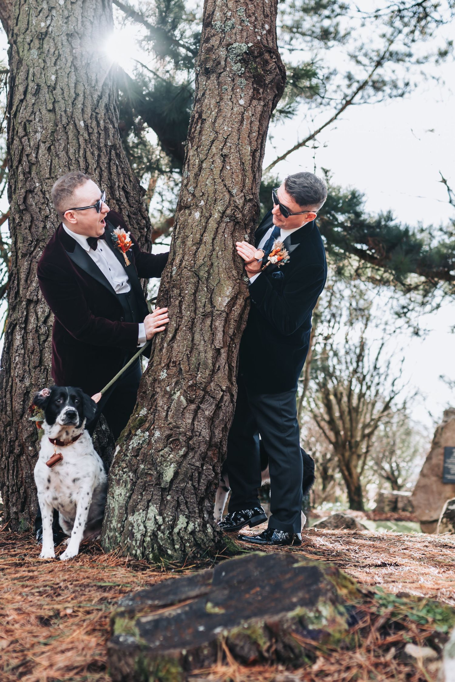Two grooms in tuxedos stand by a tree with their dog during an outdoor wedding ceremony.