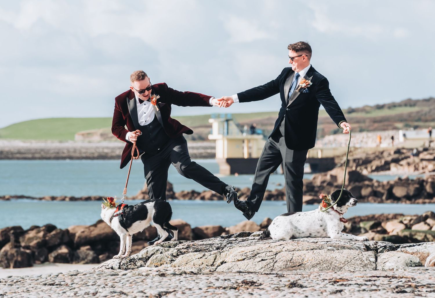 Two grooms in suits hold hands jumping on rocky shore with dogs on leashes, ocean and lighthouse in background.