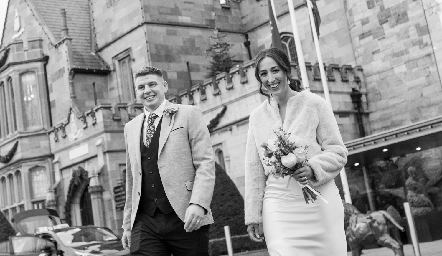 A collection of black and white wedding photos arranged in a filmstrip-style montage showing candid moments and celebrations.