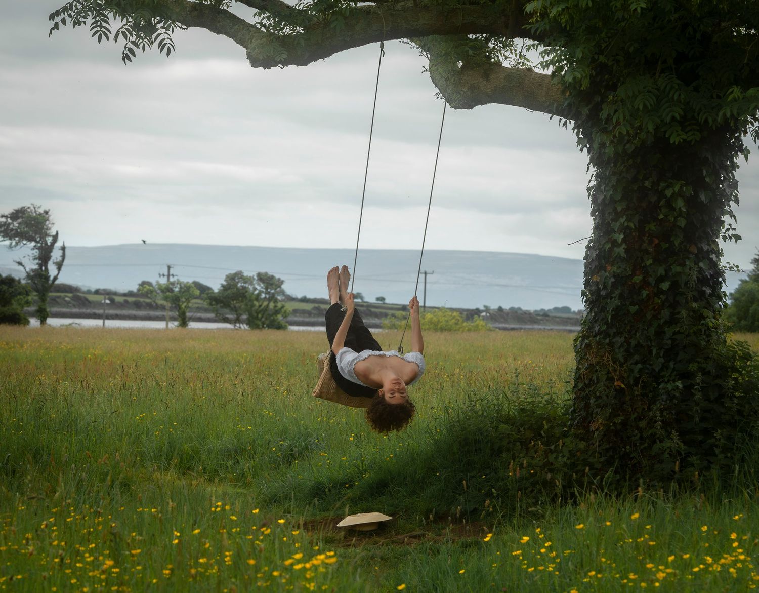 Person relaxing on rope swing attached to large tree in green meadow with yellow wildflowers and coastal view.