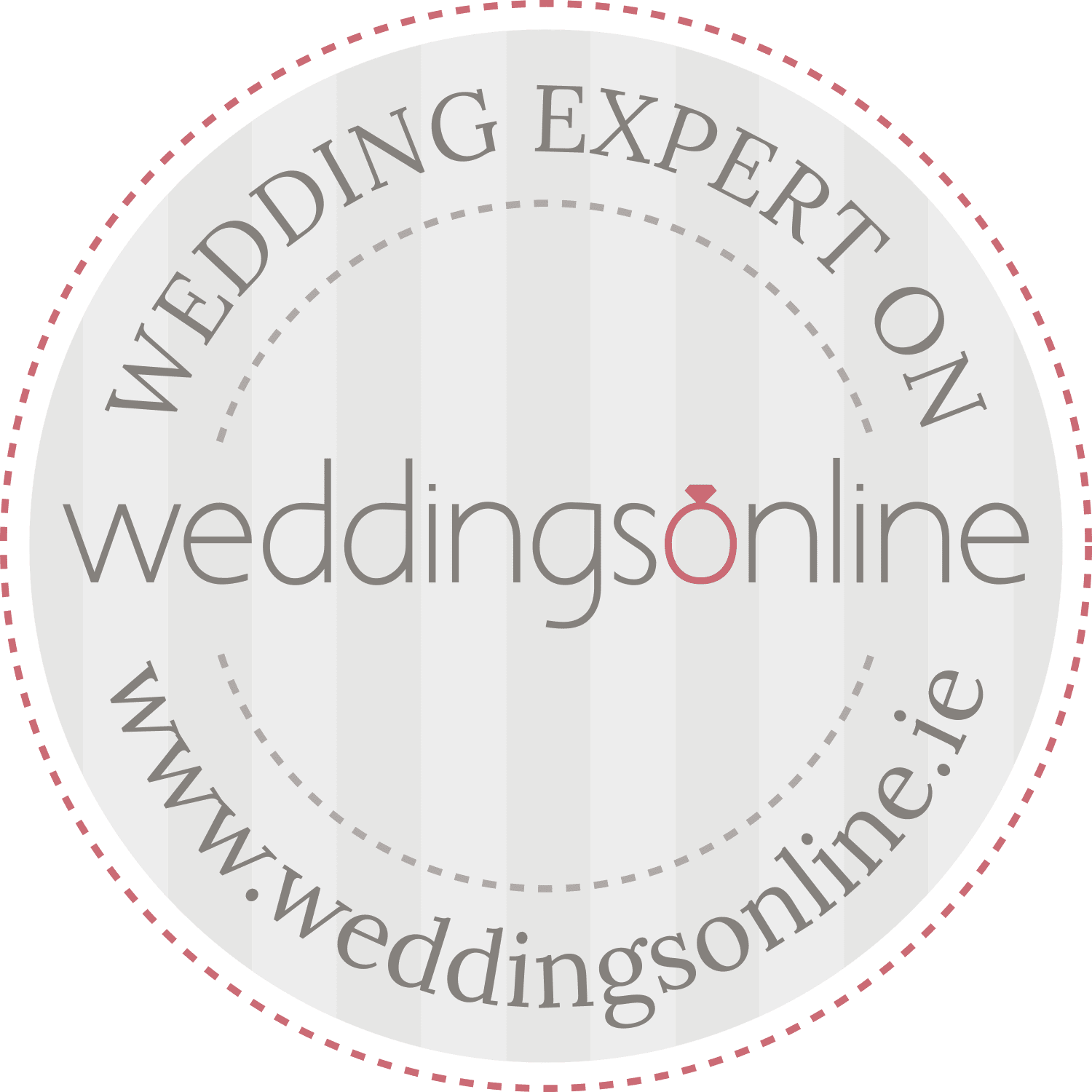 Wedding Expert on WeddingsOnline.ie badge, a circular gray seal with dashed pink border and ring logo.