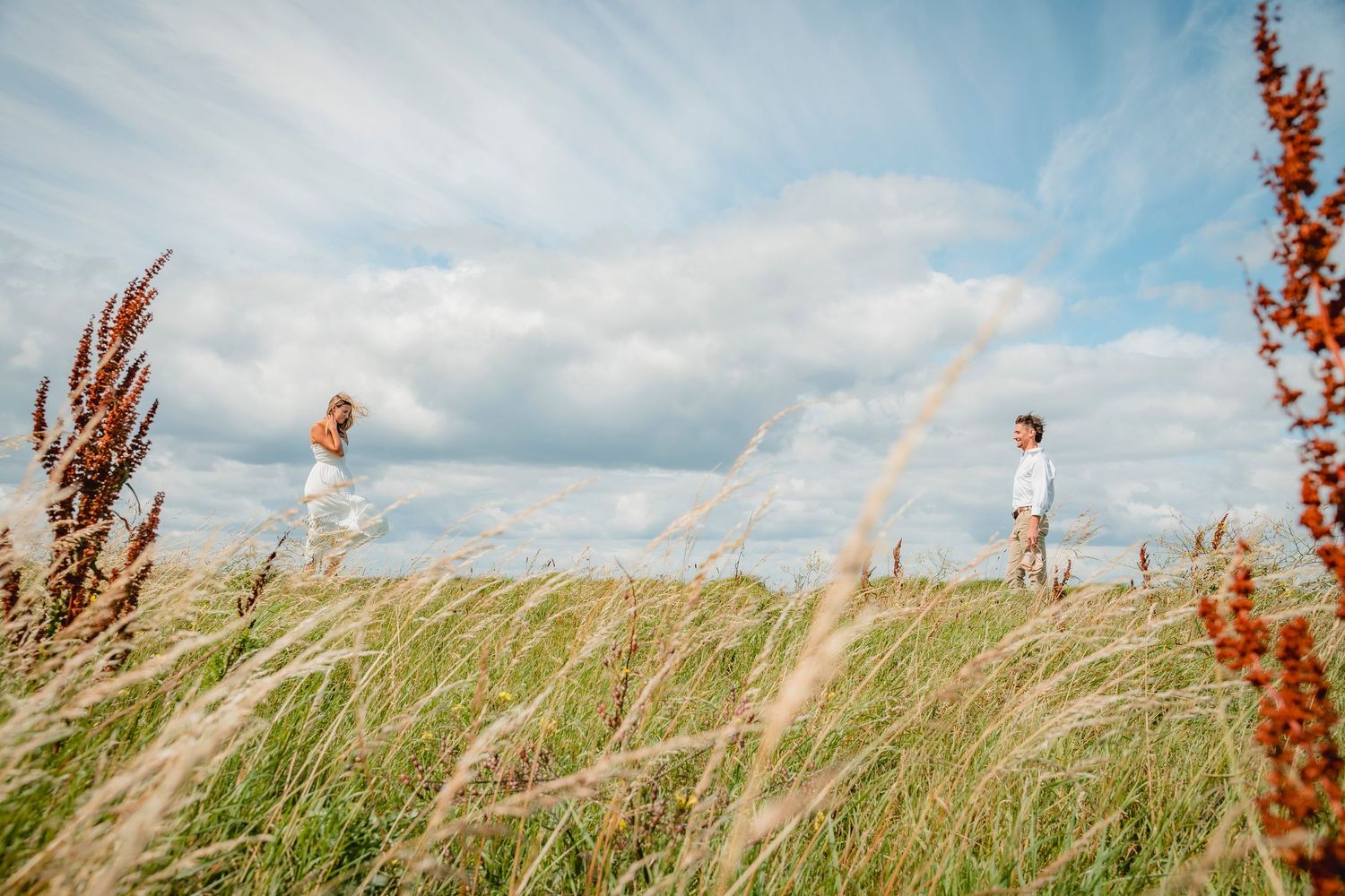 Two figures stand separated in a field of tall swaying grass under dramatic cloudy skies.