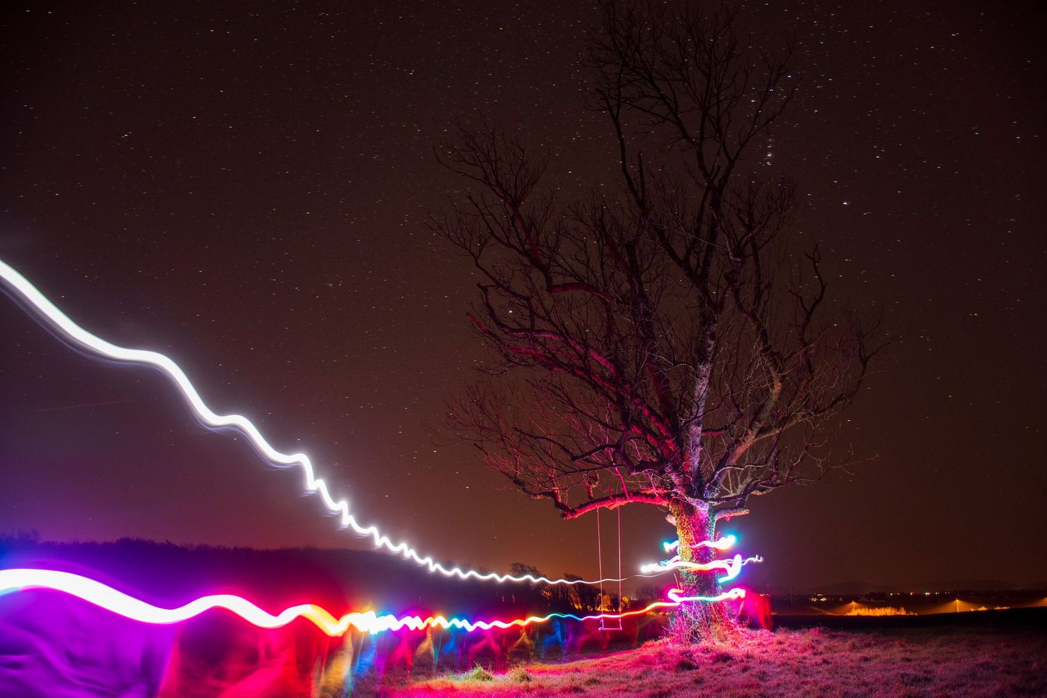 Colorful light trails streak through the night sky around a bare tree in a long exposure winter photograph.