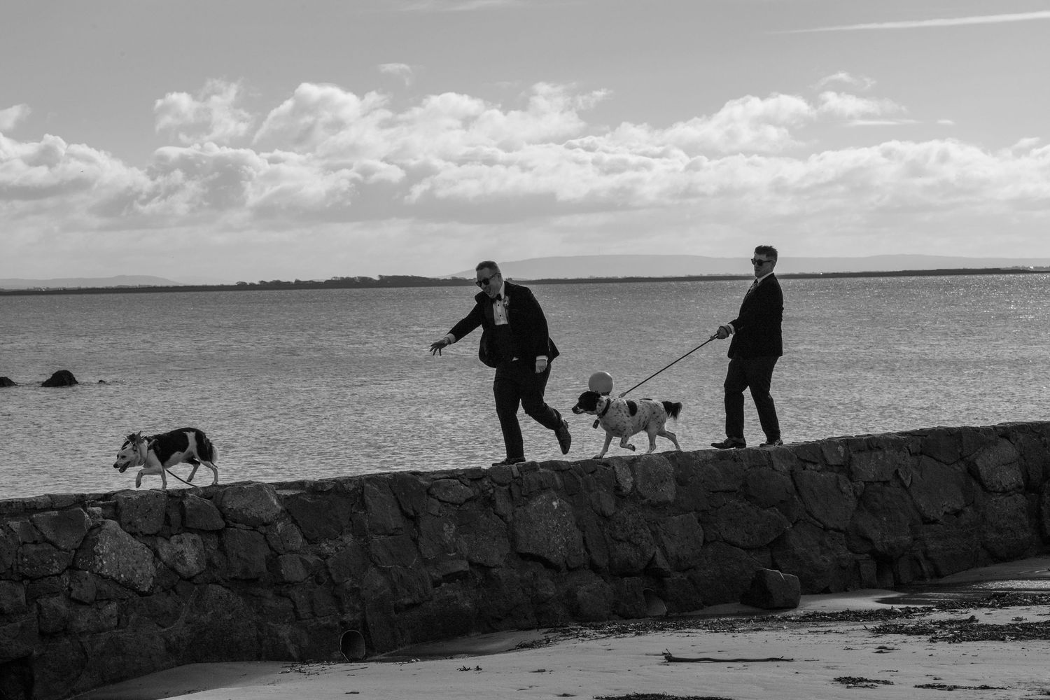 Silhouettes walking dogs along a stone seawall during a cloudy day by the ocean.