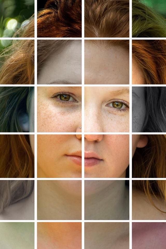 Close-up grid pattern of fragmented portrait shots showing eyes and facial features.