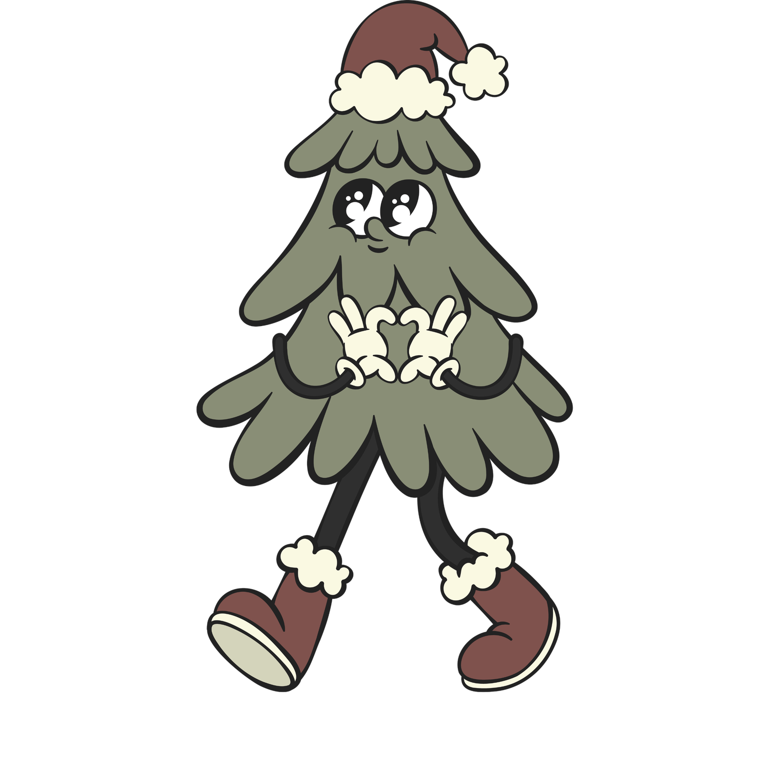 Cartoon illustration of a walking Christmas tree character with boots and snow accents.