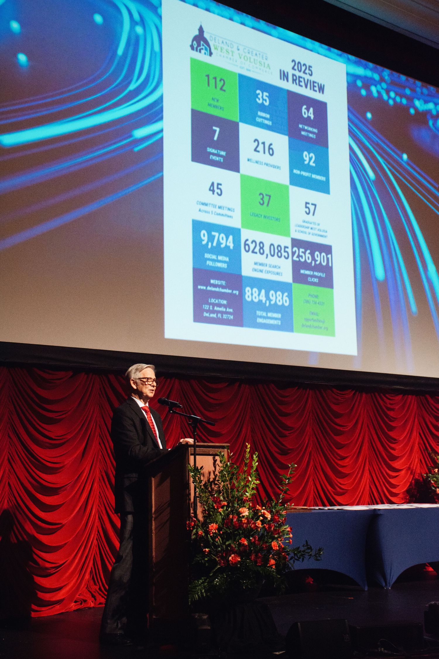 Conference stage with red curtains and presentation slides showing statistics and data metrics on large projection screens.