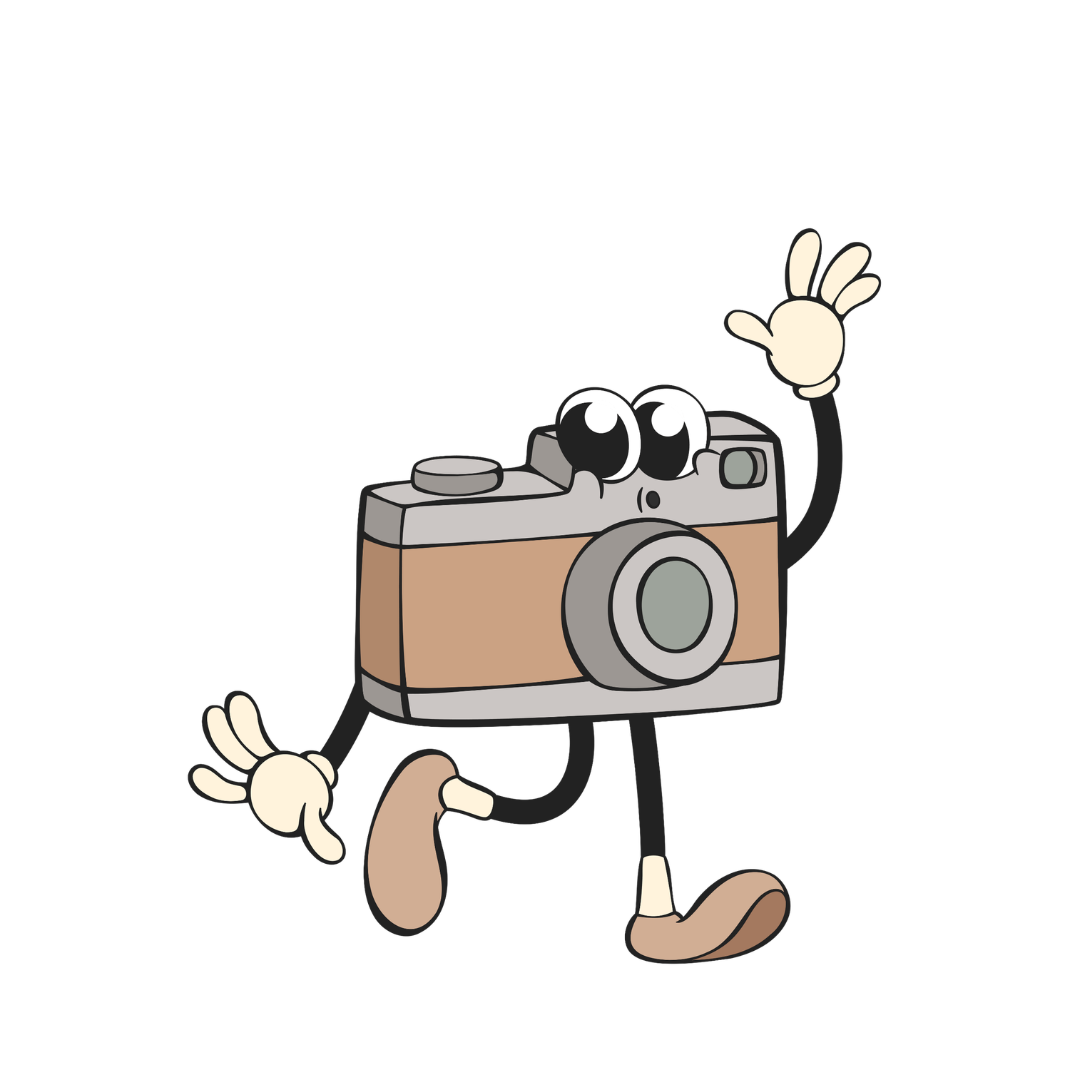 A cartoon camera character with arms and legs waving cheerfully, drawn in a retro style with brown and gray colors.