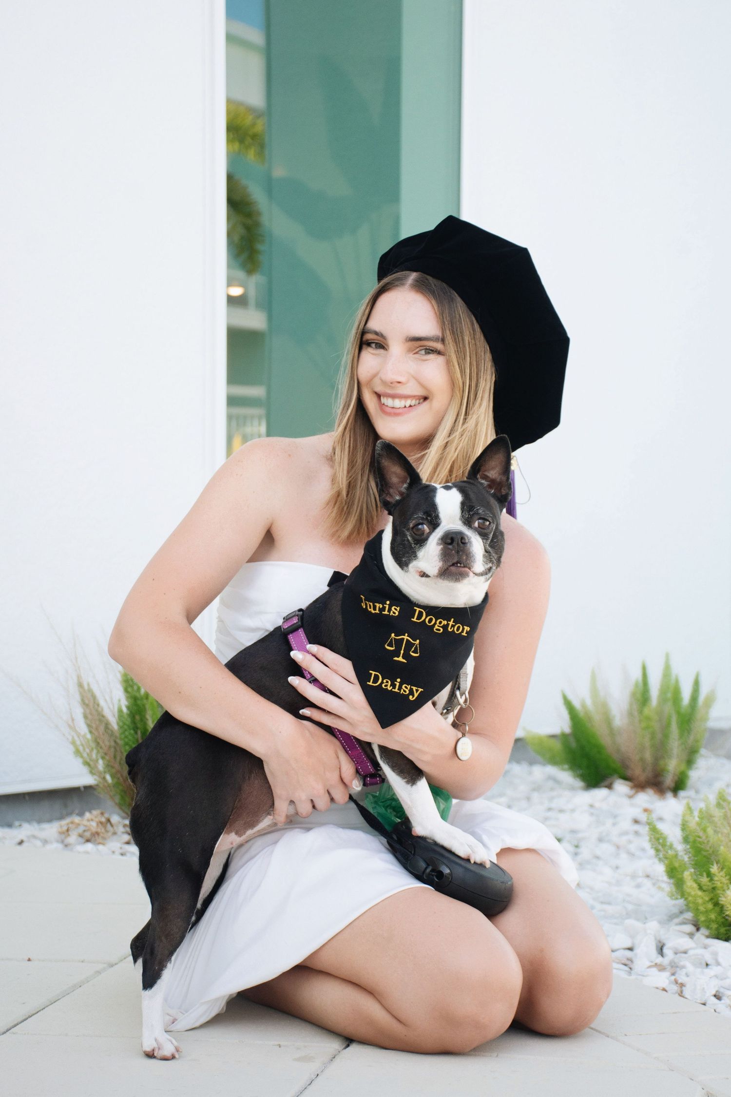 Law graduate in white dress holds Boston Terrier wearing graduation attire during photo session.