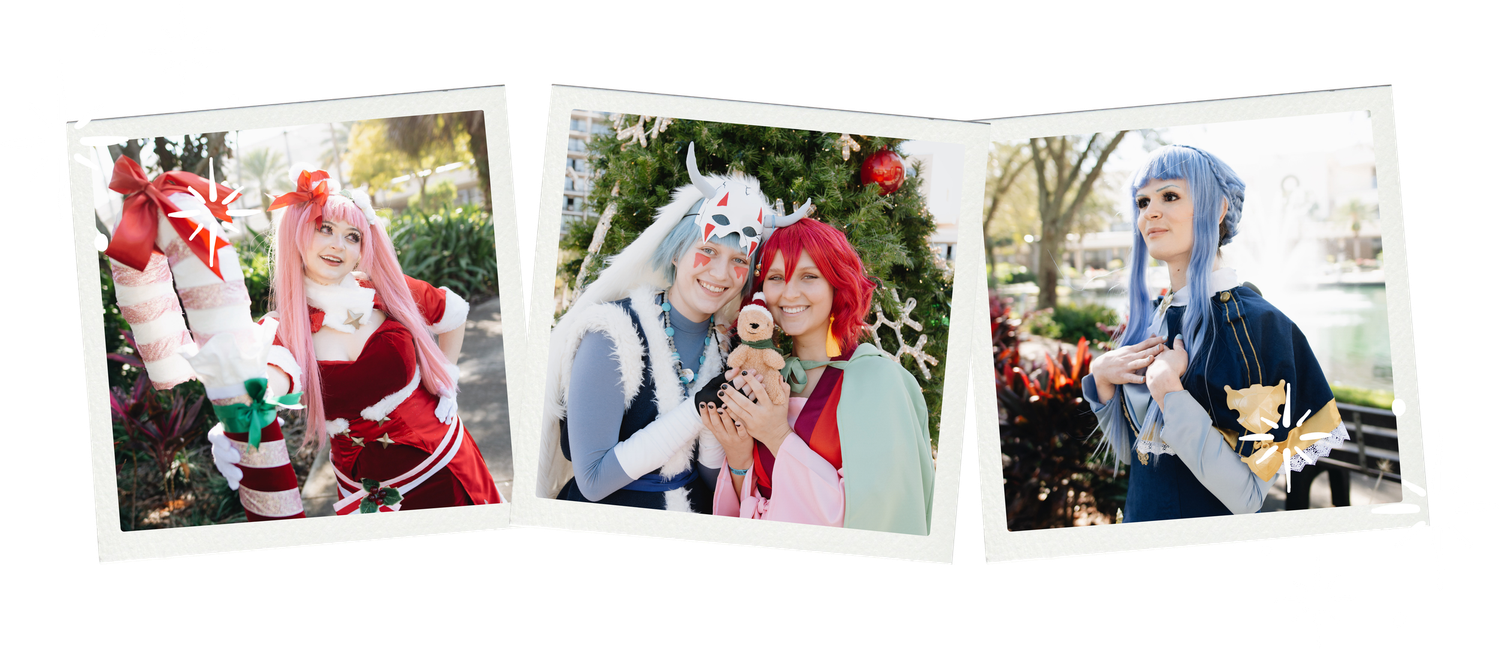 A series of anime cosplay photographs arranged in a horizontal row showing various colorful costumes and poses.