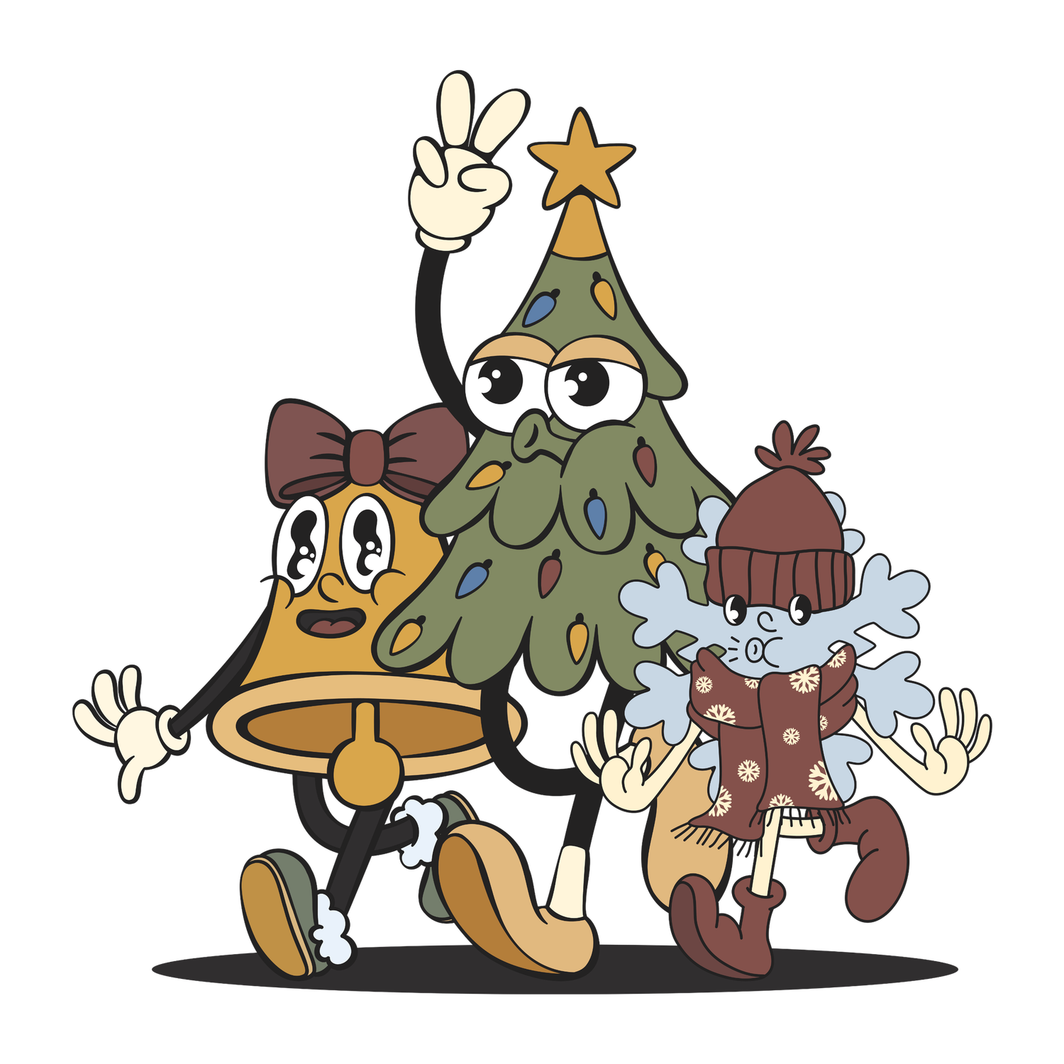 Cartoon ducks and snowmen decorate around a Christmas tree with festive holiday ornaments and decorations.