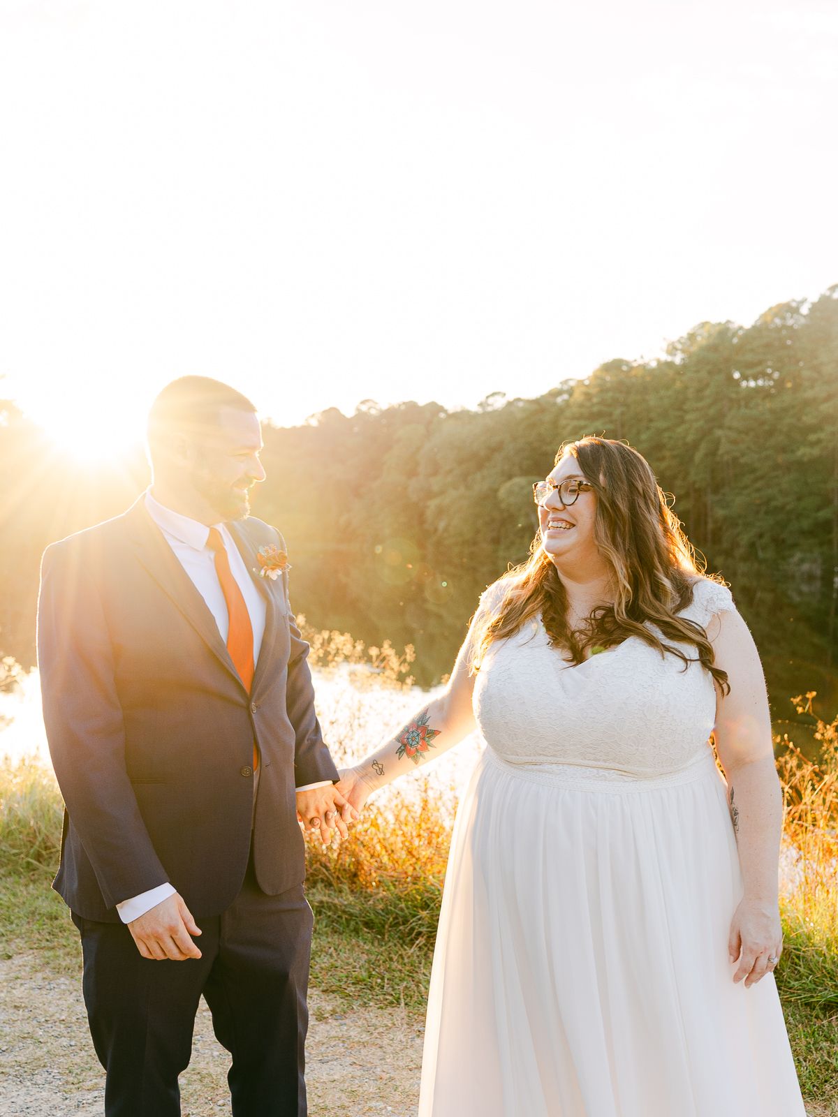 Candid Golden Hour Portraits, romantic fall wedding in Raleigh at Durant Nature Preserve, captured by Asheville photographer Kalli Hicks.