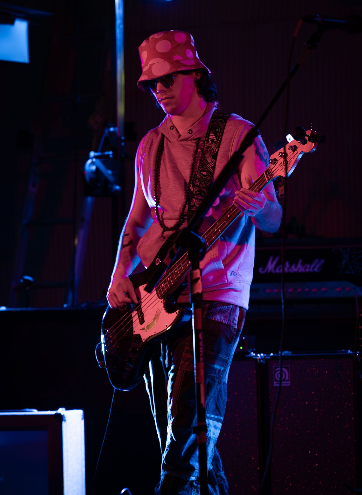 Musician performs on bass guitar in dark concert lighting with red and blue stage illumination.