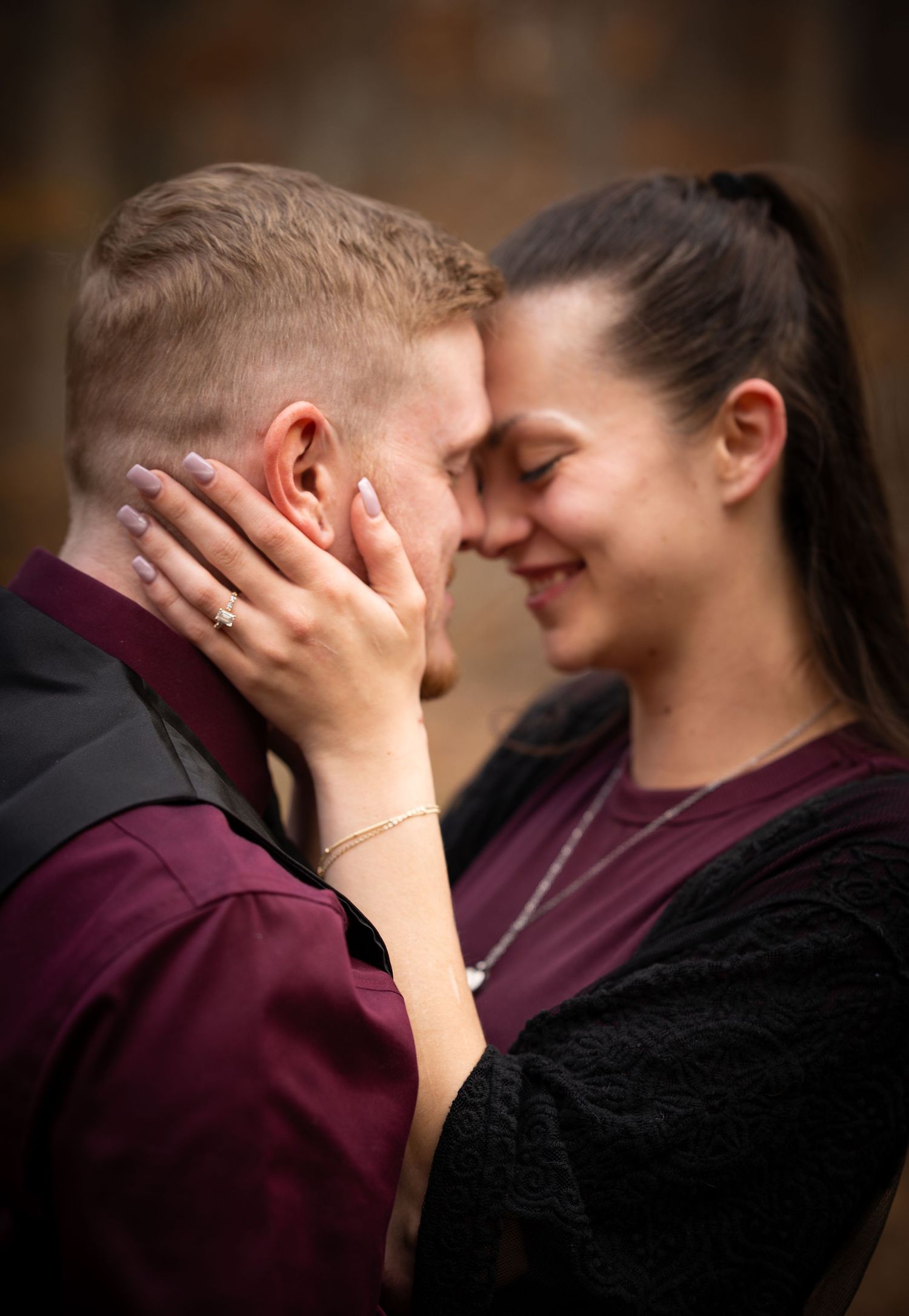 A romantic engagement photo sequence showing a couple sharing intimate moments with hands covering faces.
