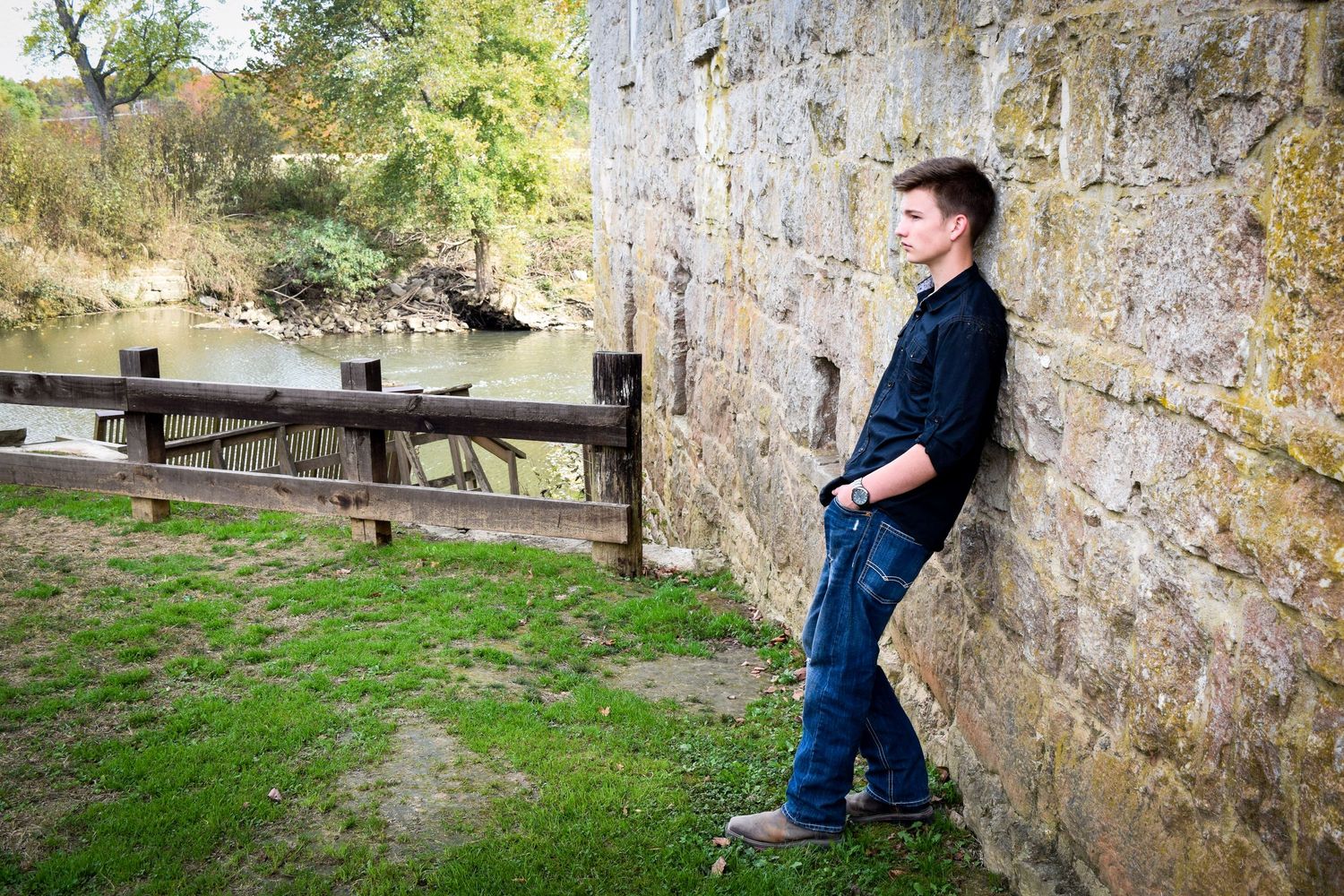 A sequence of photos showing someone leaning against a stone wall in different poses at various angles.