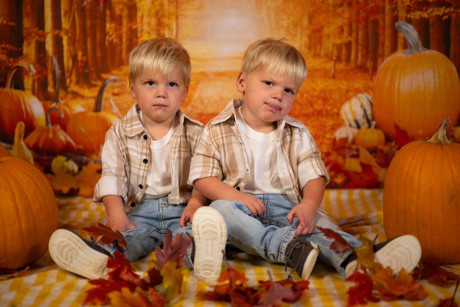 Two young children sit among fall decorations wearing matching plaid shirts and jeans.