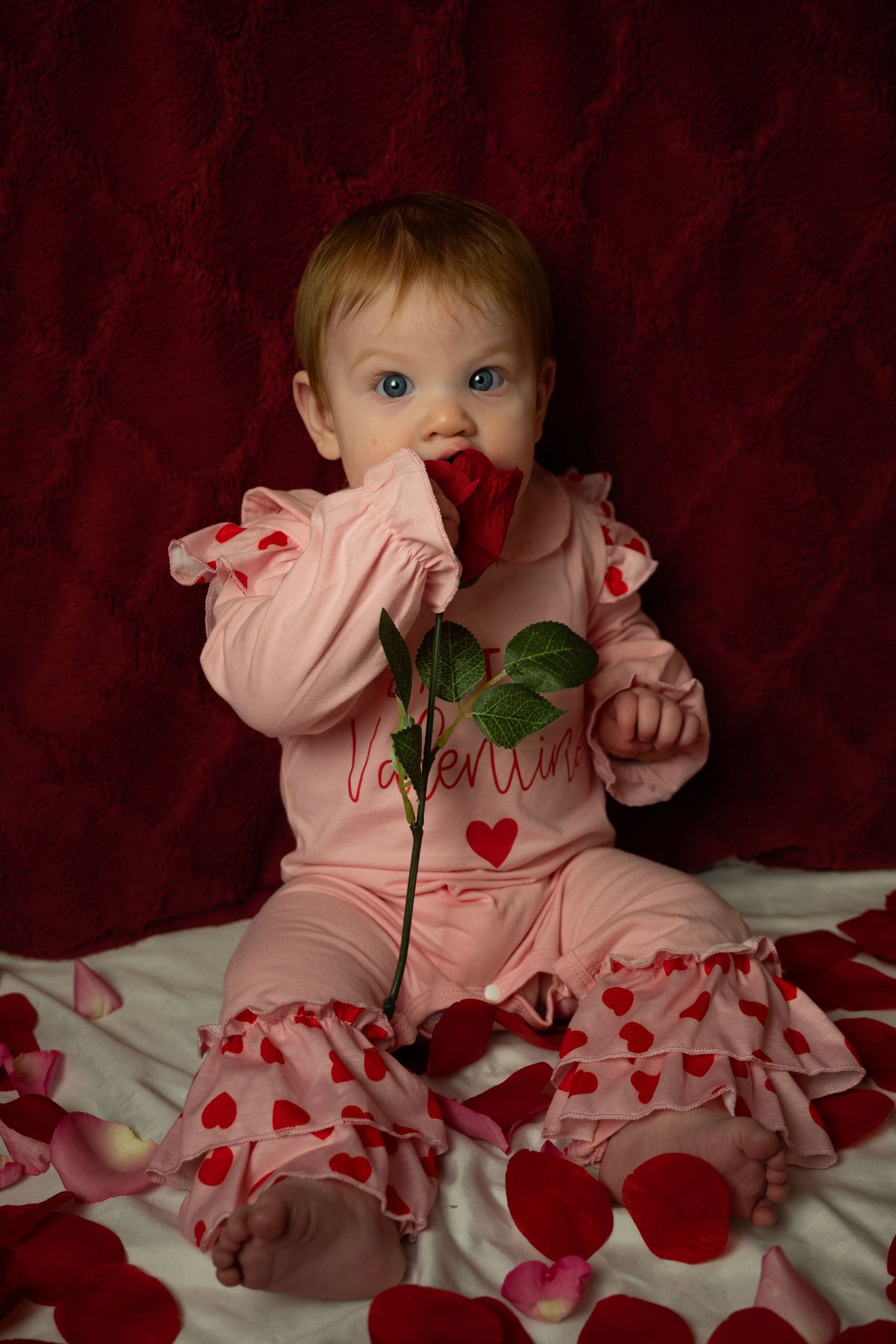 Baby in pink outfit sits on heart-patterned blanket with red rose for Valentine's Day themed photo shoot.