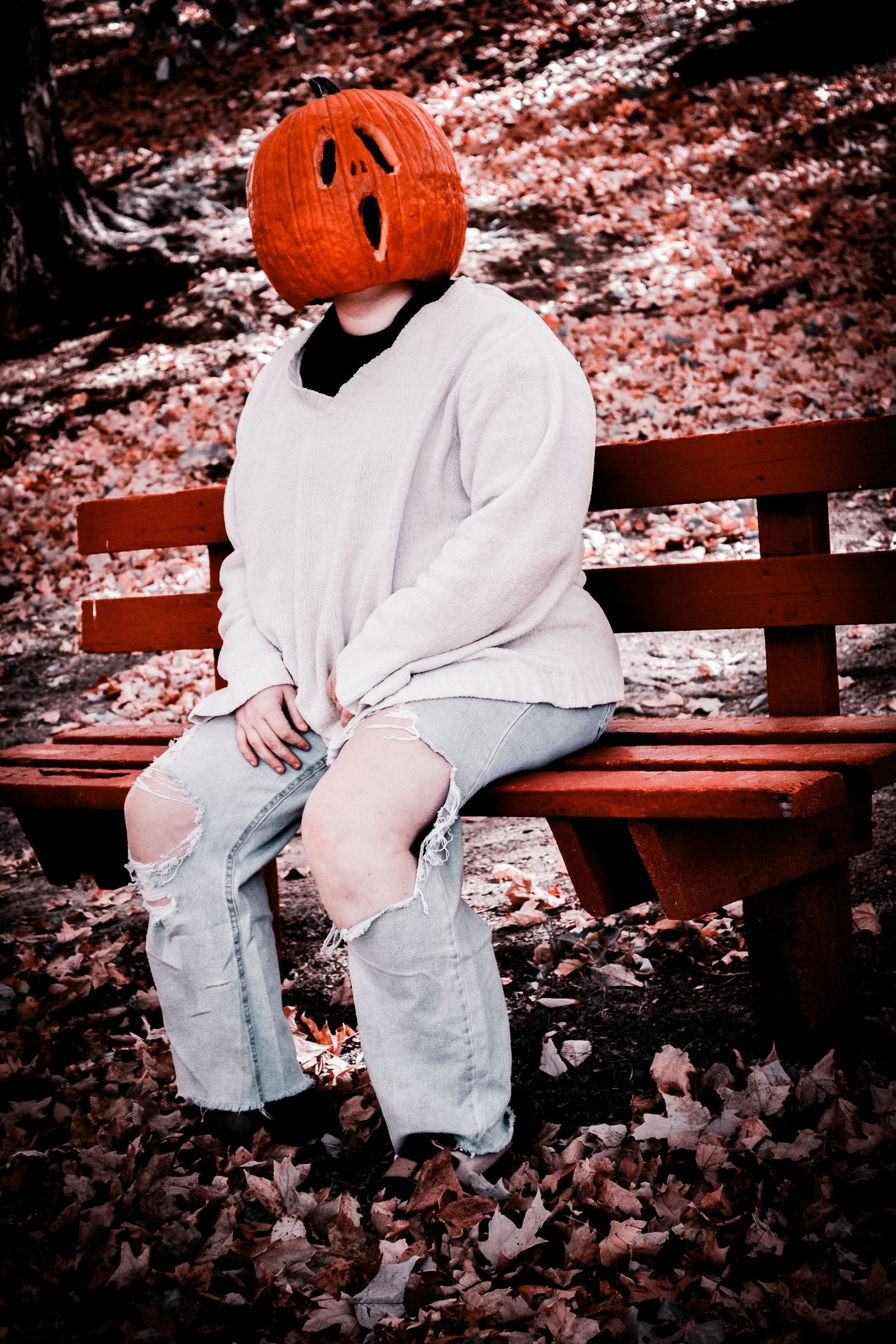 A figure wearing a white hoodie and jeans sits on a wooden bench with a Halloween pumpkin head in an autumn setting.