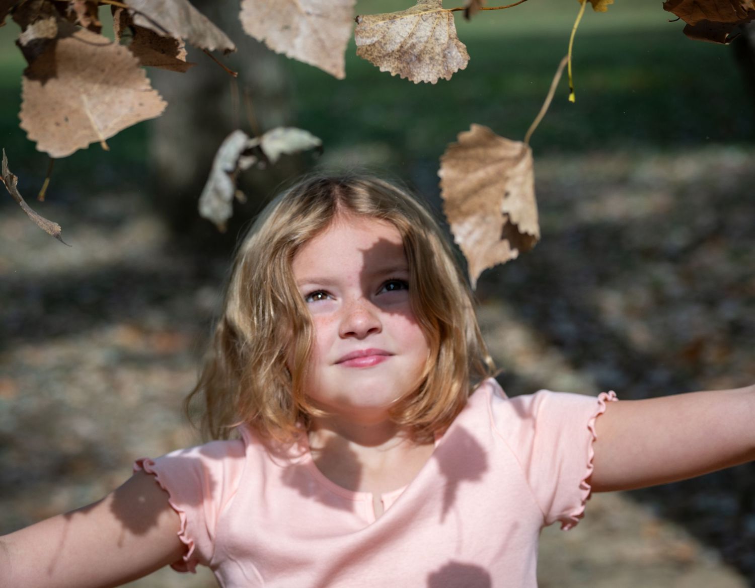 A child in a pink dress stands beneath autumn leaves with arms outstretched on a sunny day.