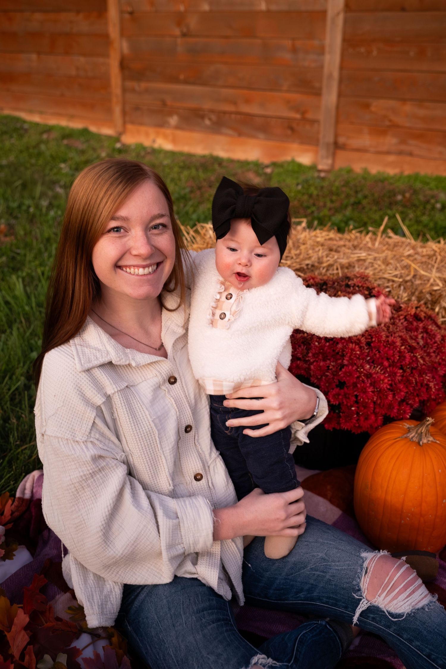 A series of fall photos showing a baby in a white sweater and parent sitting by pumpkins and red mums outdoors.