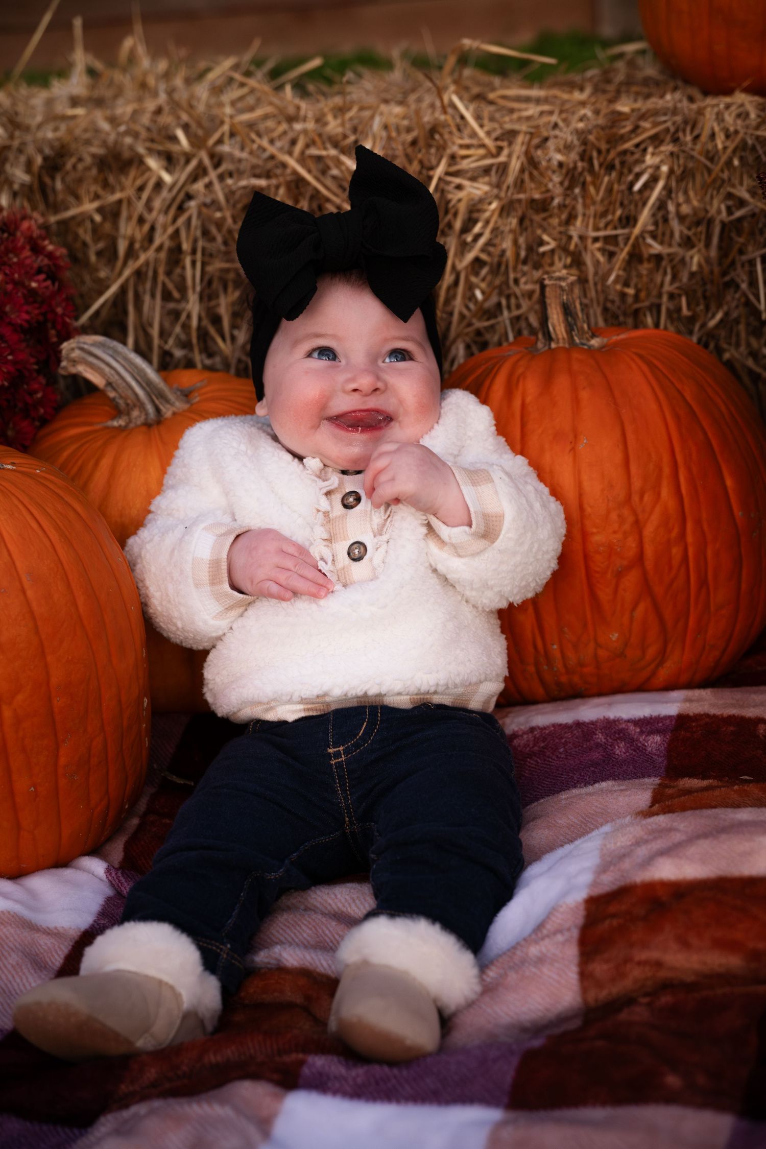 Baby in white sweater sits among autumn pumpkins in seasonal photo series.