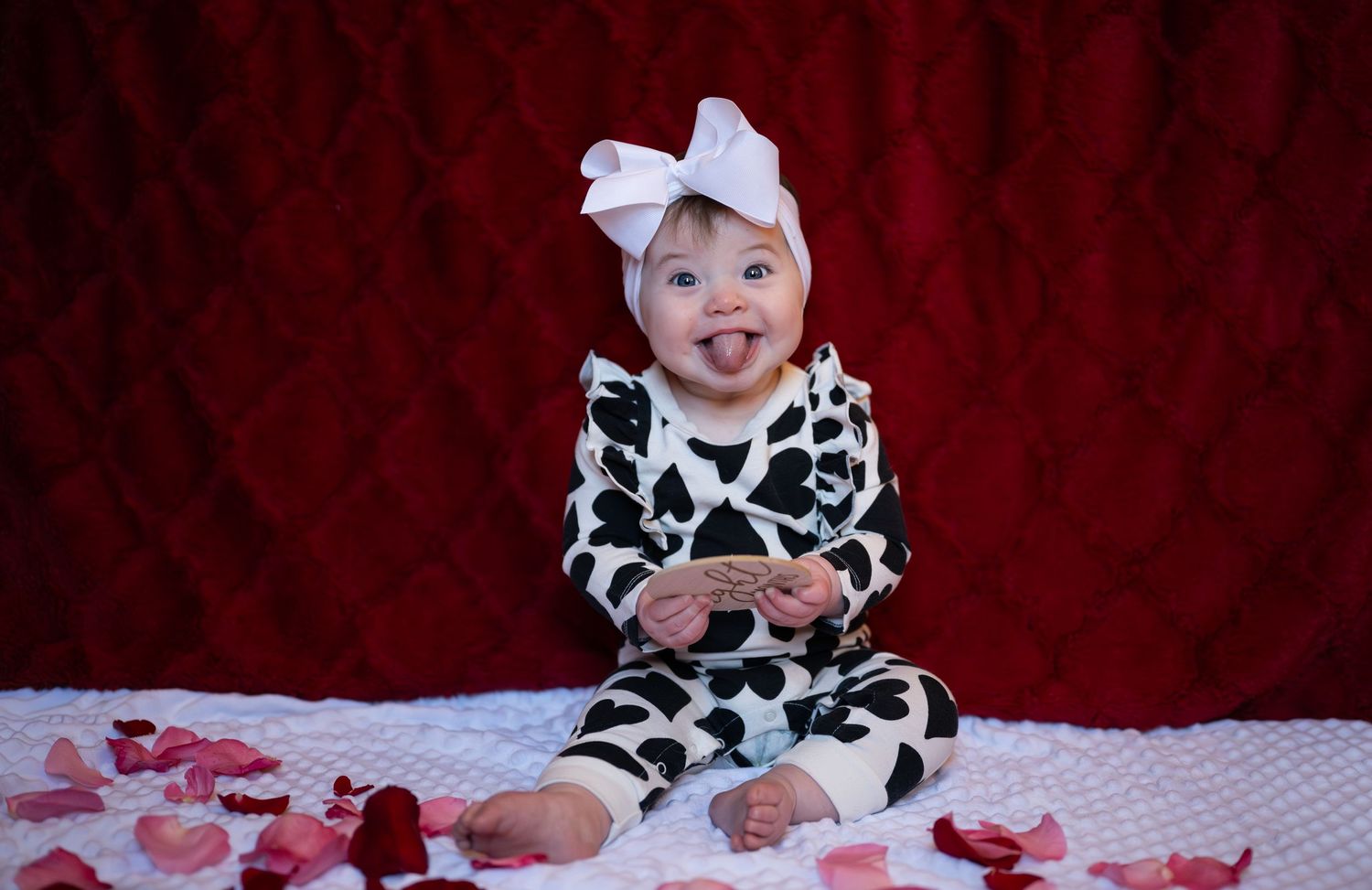Baby in black and white cow print outfit lying on red and white blanket with rose petals scattered around.