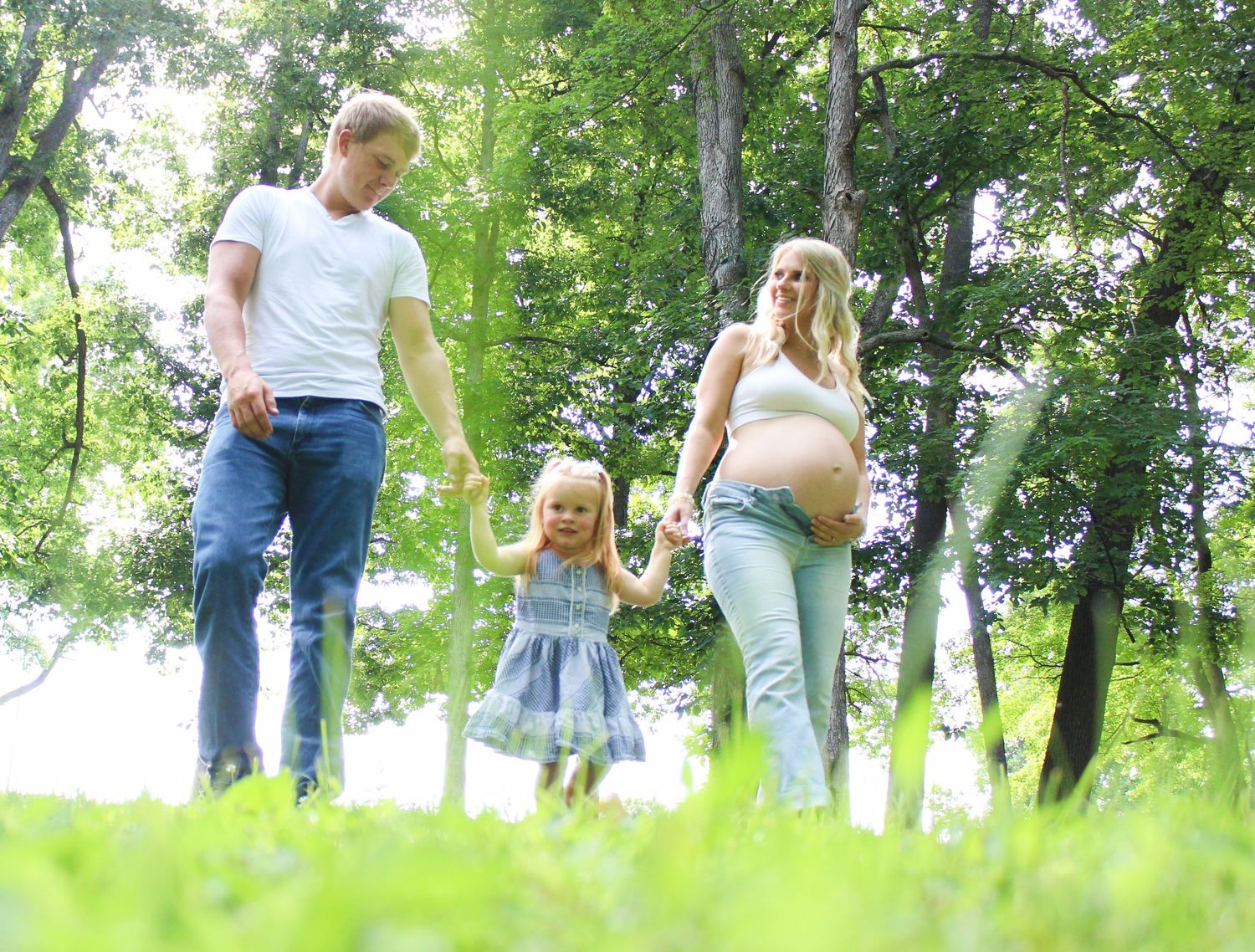 People walking through a lush green park on a sunny summer day.