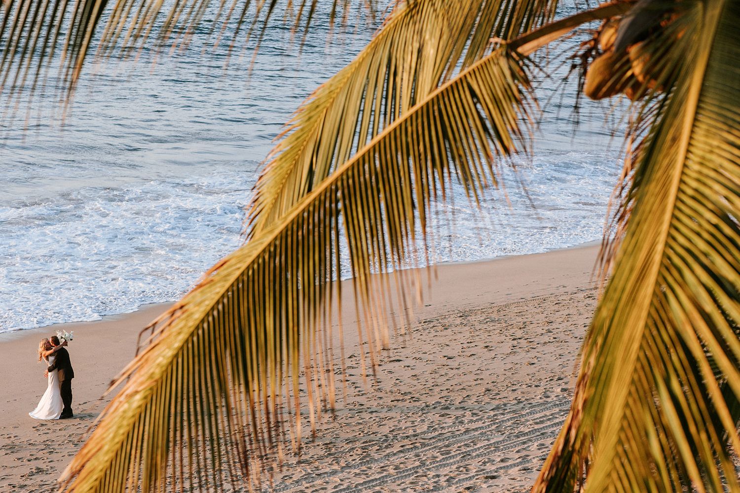 Newlyweds share a kiss on the beach at sunset framed by palm leaves in Puerto Vallarta, by José Carrillo Photography.