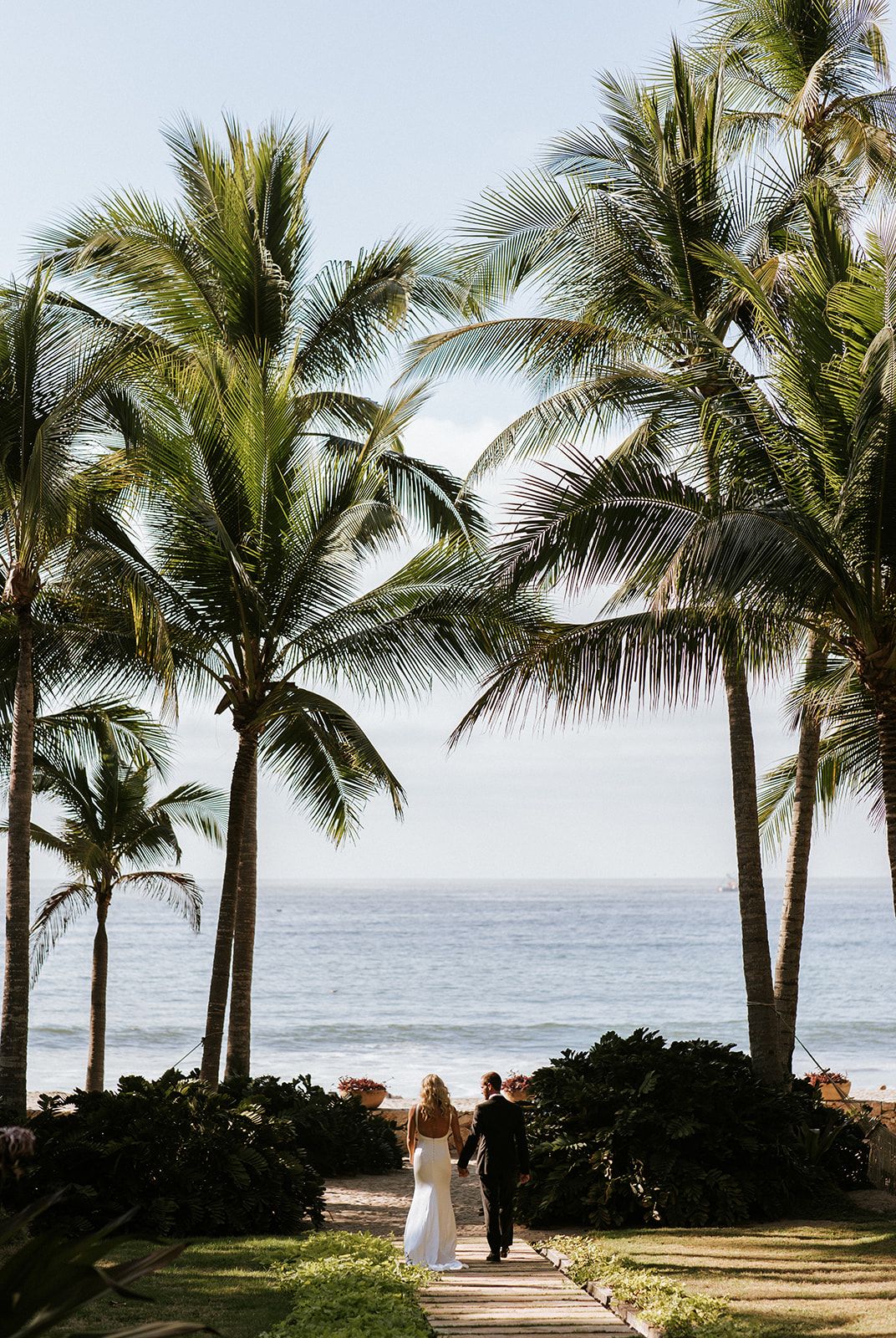 Newlyweds walk hand in hand under palm trees toward the ocean on a sunny beach in Puerto Vallarta, by José Carrillo Photography.