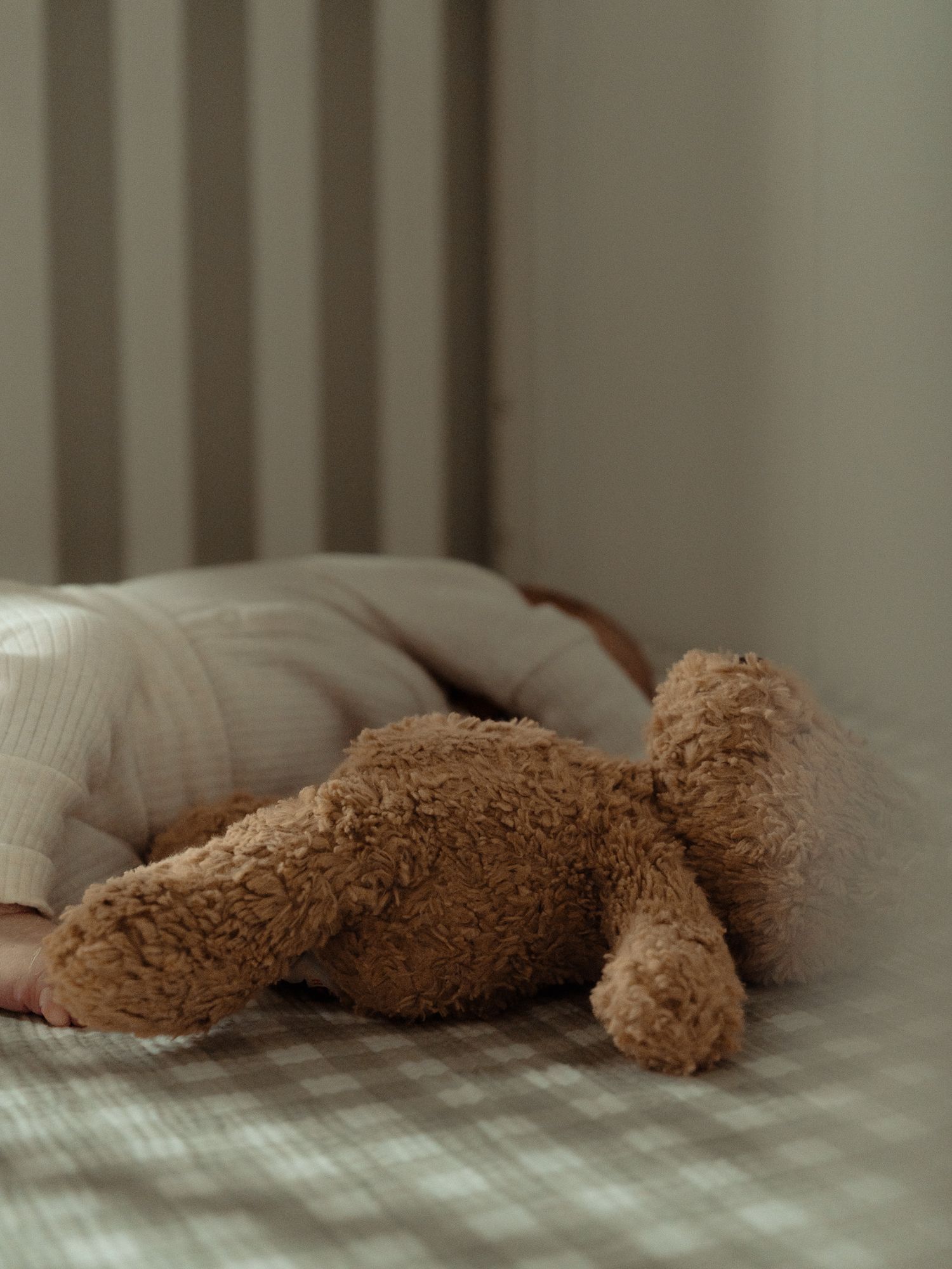 Brown teddy bear lying on white bedding in soft natural light.