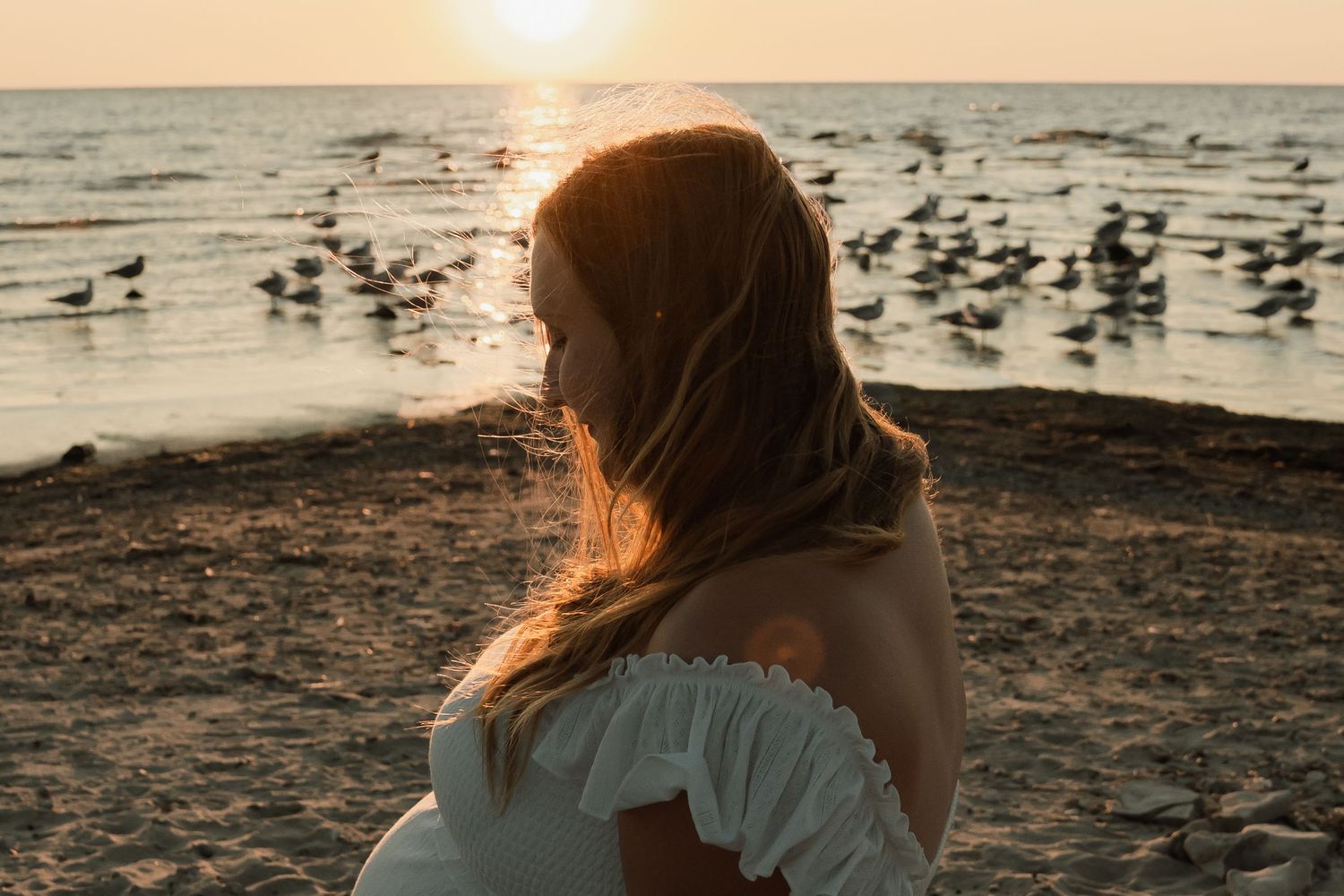 Silhouette of person sitting on beach at sunset watching birds on shoreline in golden light.