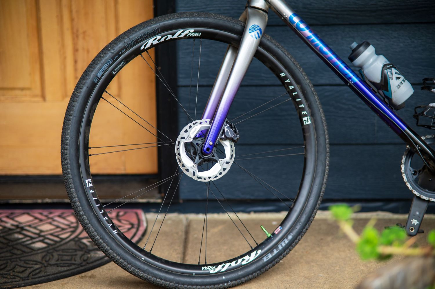 Photograph of a Rolf Prima mountain bike wheel in Monroe Oregon.