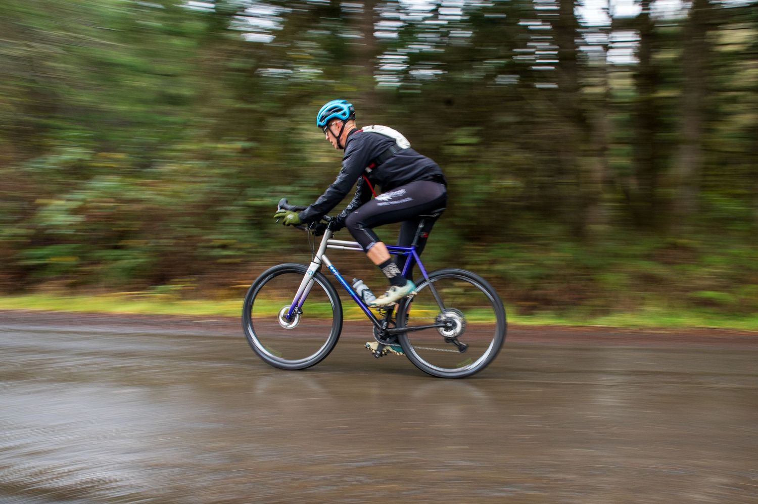 Mike Ripley of Mudslinger Events riding his Co motion gravel bike on the back roads of Monroe Oregon.