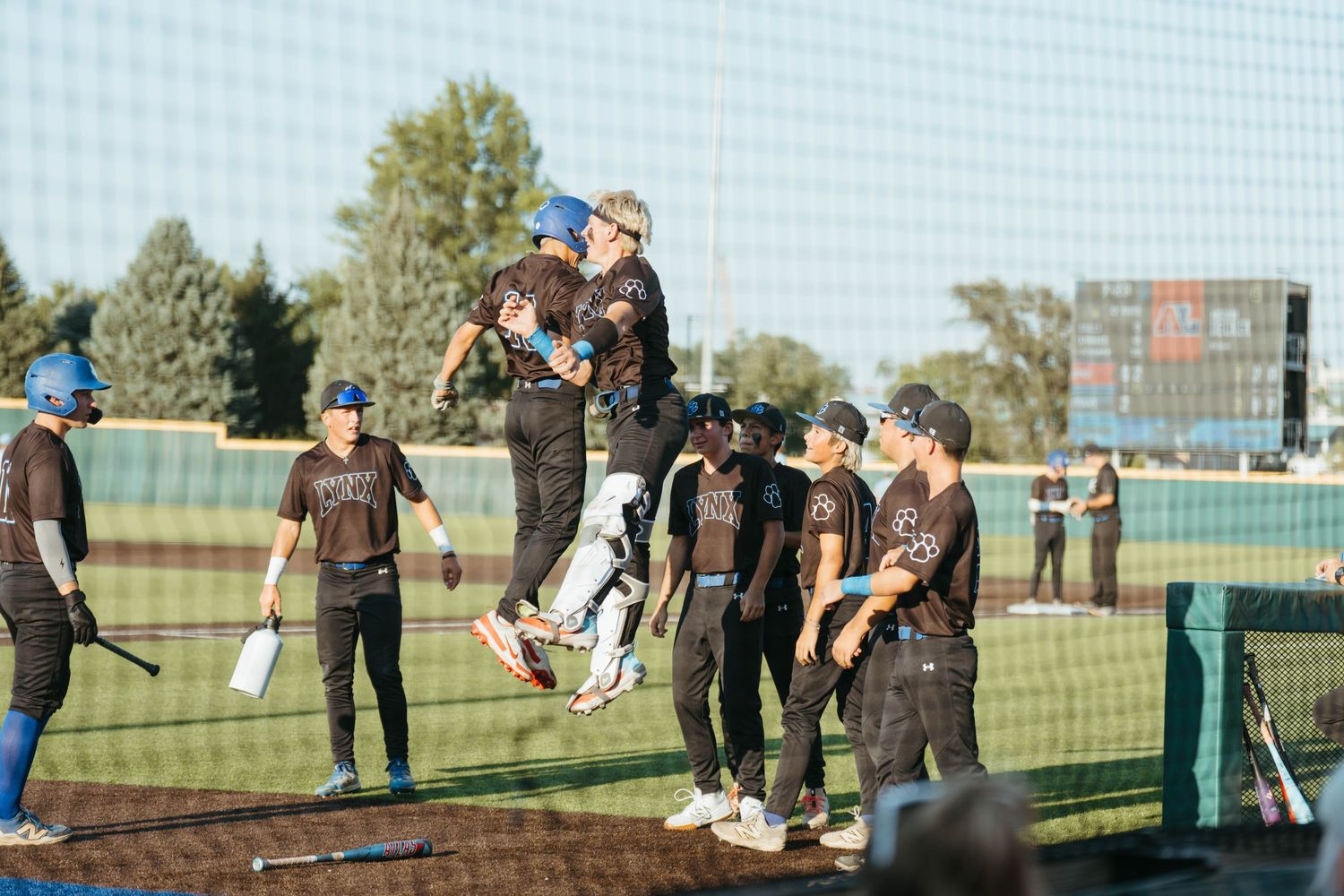 Baseball team celebrating on field during a game, players in dark uniforms cheering near the dugout.