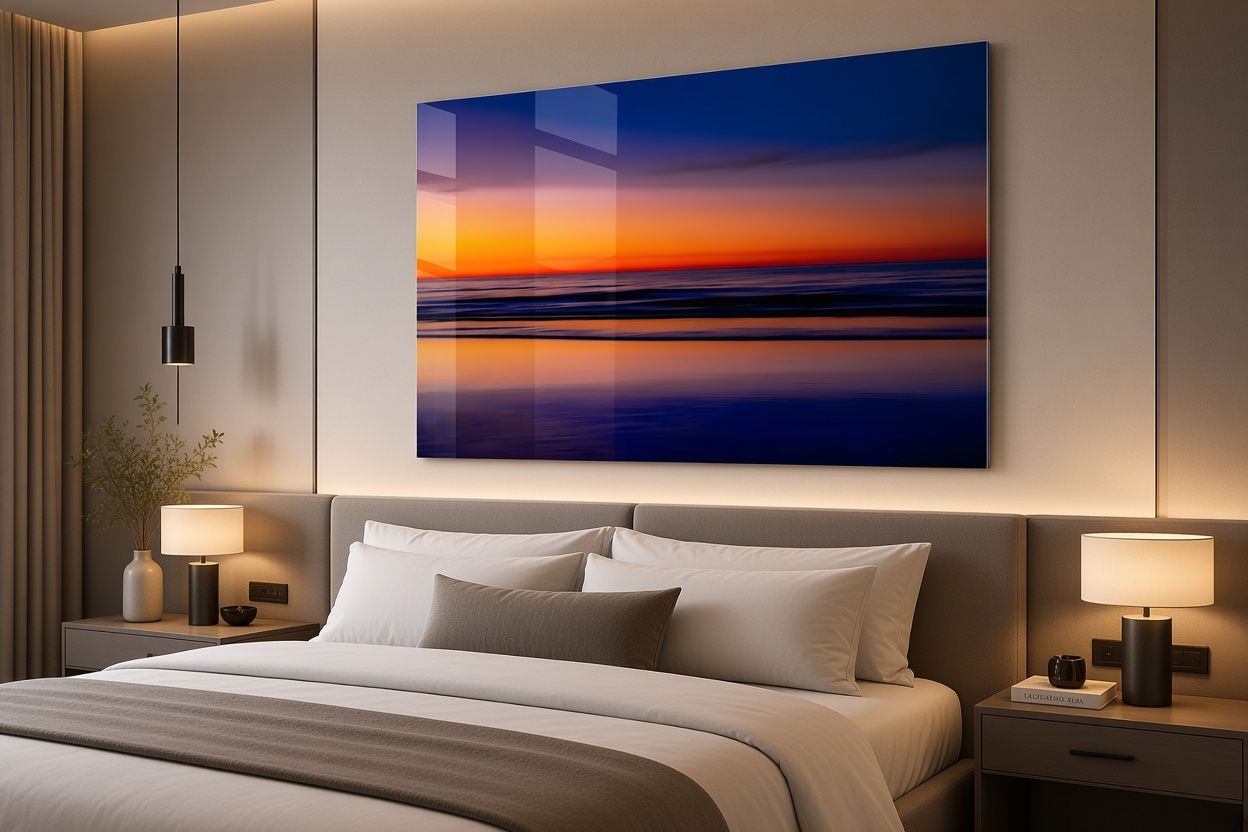 Hotel room mock up image landscape sunset at the beach,