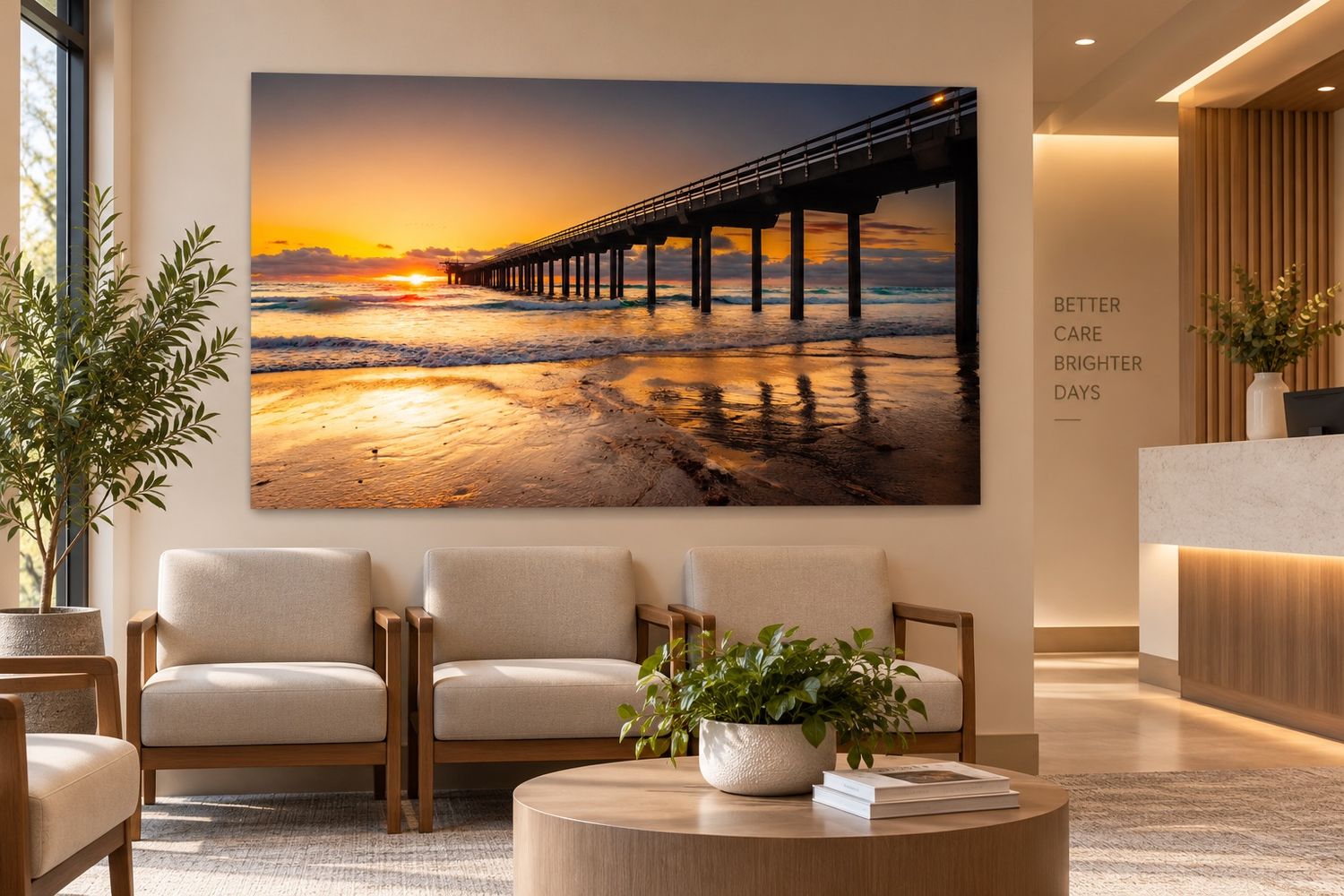 Office lobby mock up lanscape image of sunset ocean and pier.