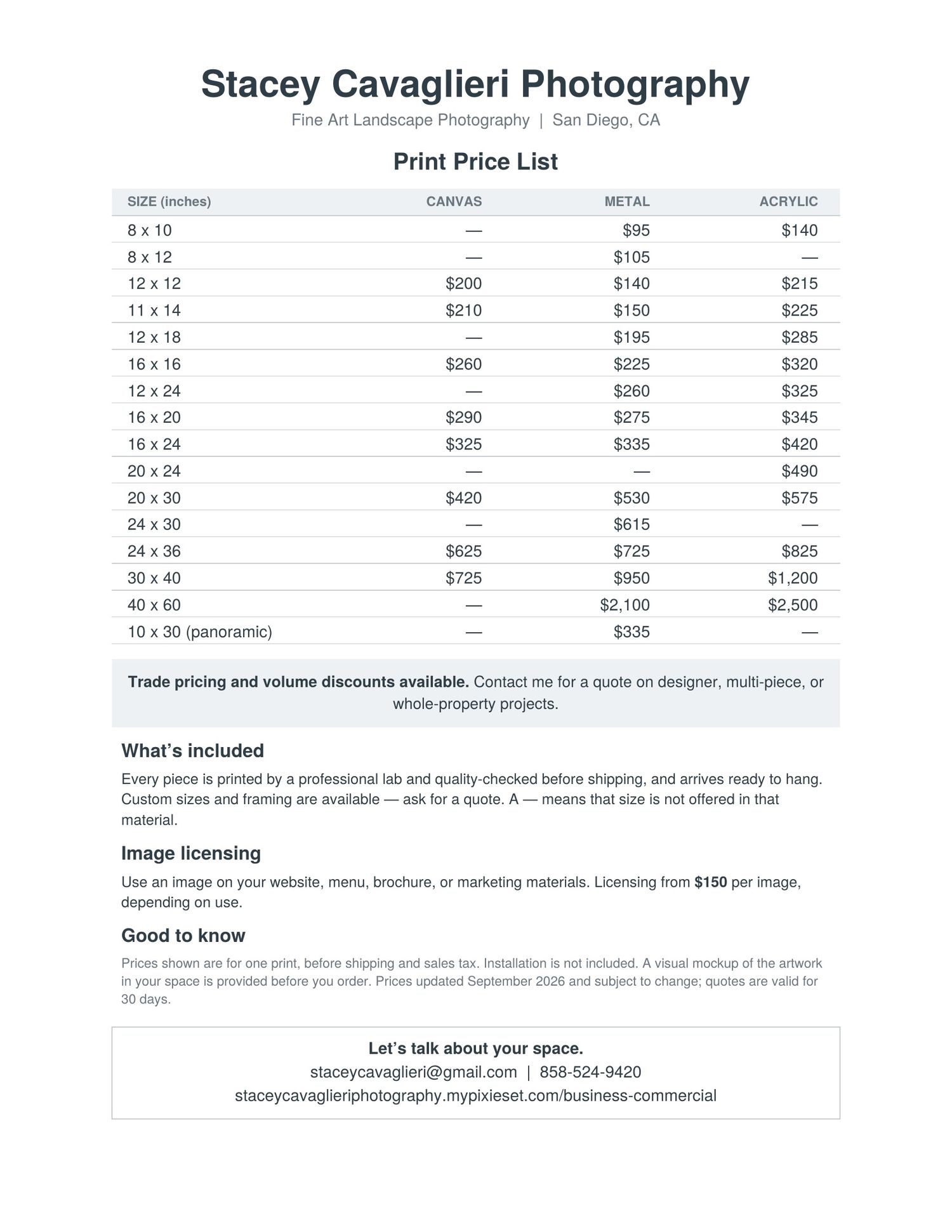 Sample price list of products