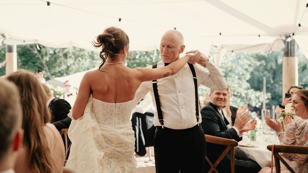 A collection of candid wedding reception moments showing guests dancing and celebrating at an outdoor venue.